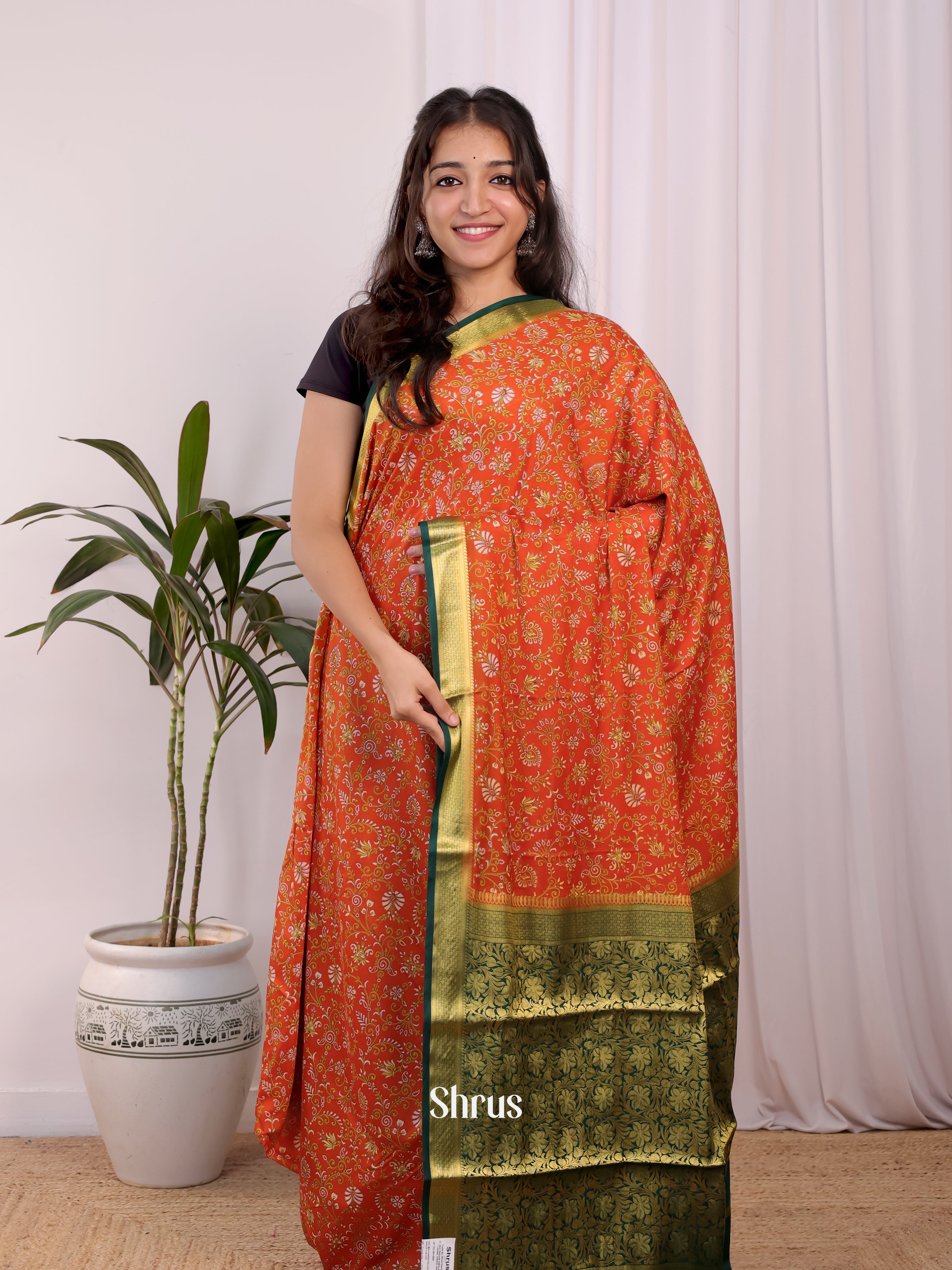 Orange & Green - Semi Mysoresilk Saree