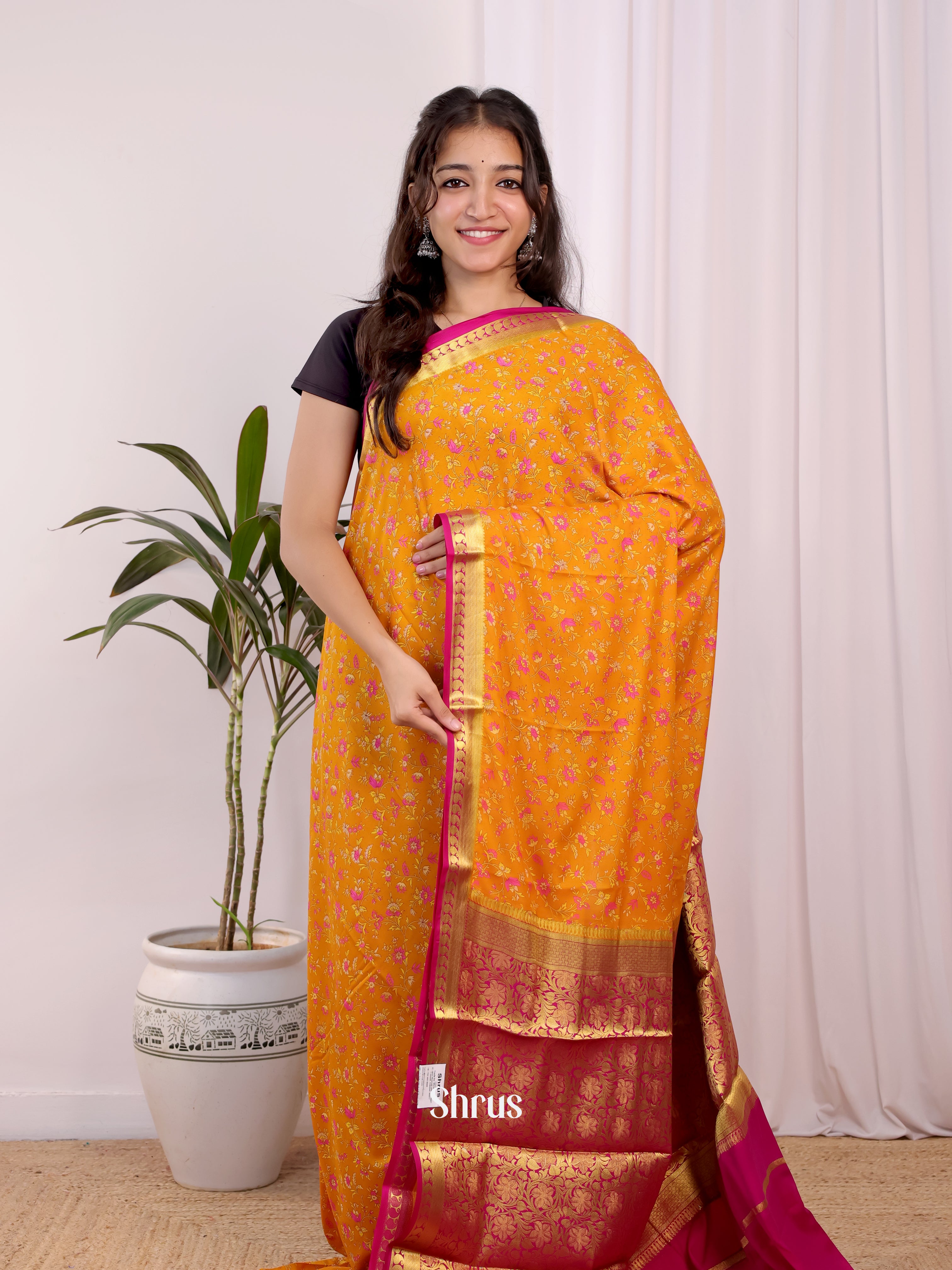 Orange & Pink - Semi Mysoresilk Saree