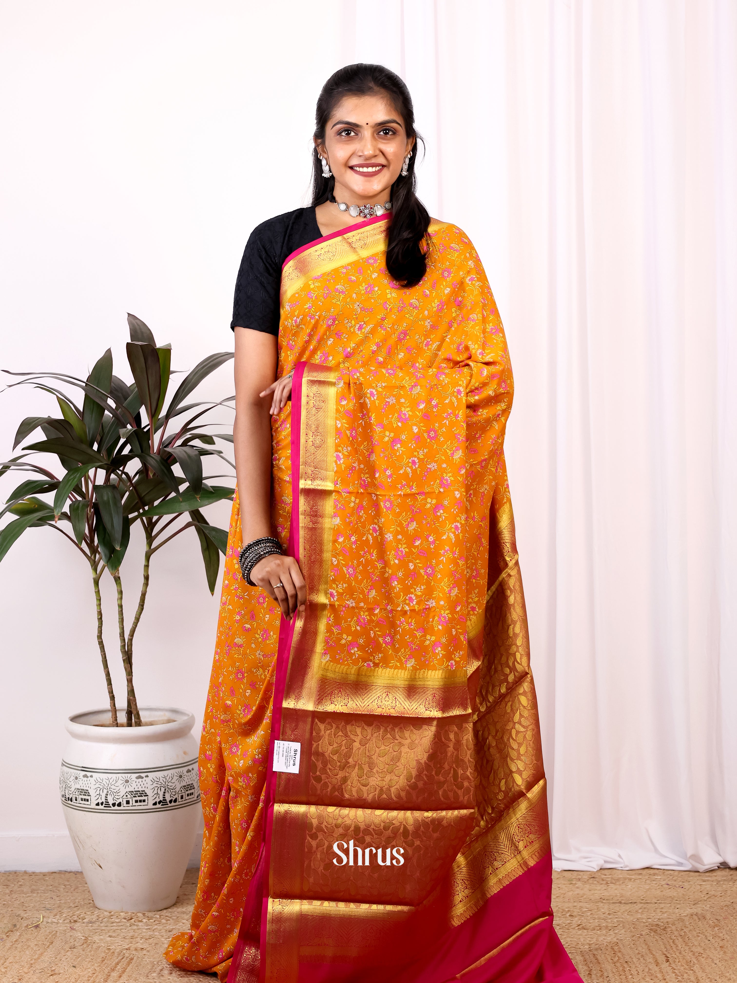 Orange & Maroon - Semi Mysoresilk Saree