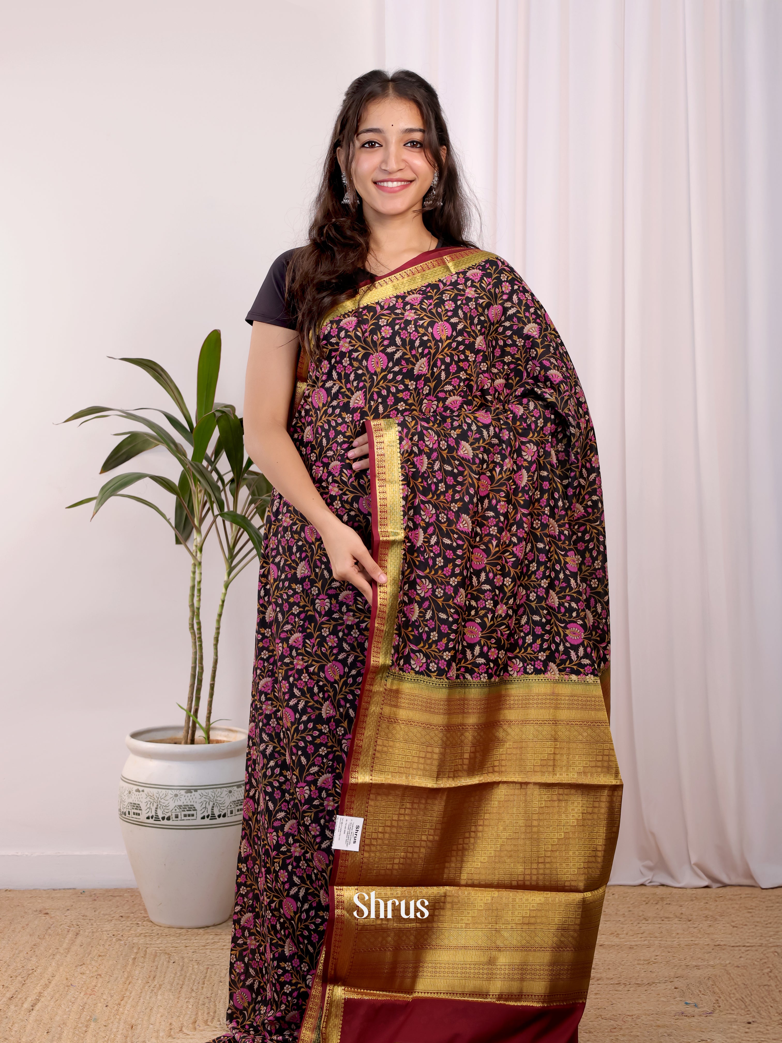 Black & Maroon - Semi Mysoresilk Saree