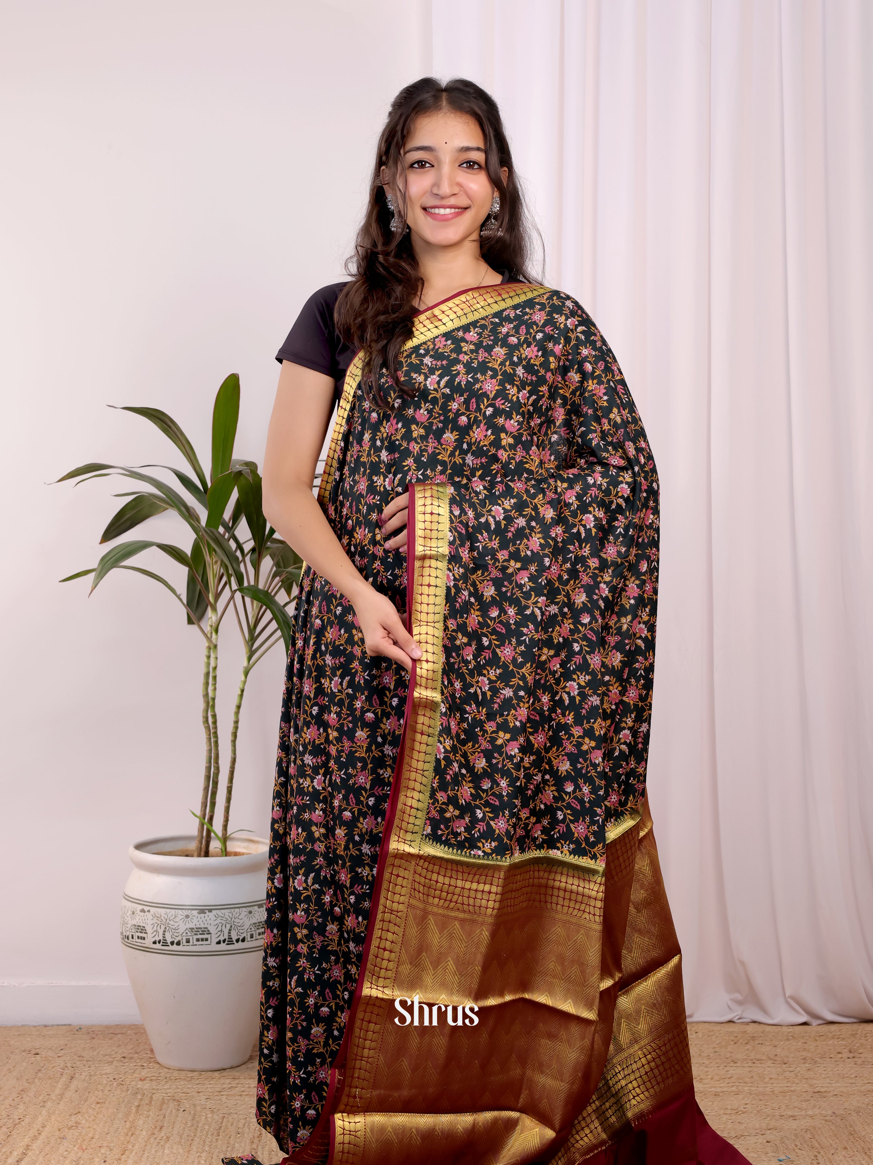 Black & Maroon - Semi Mysoresilk Saree