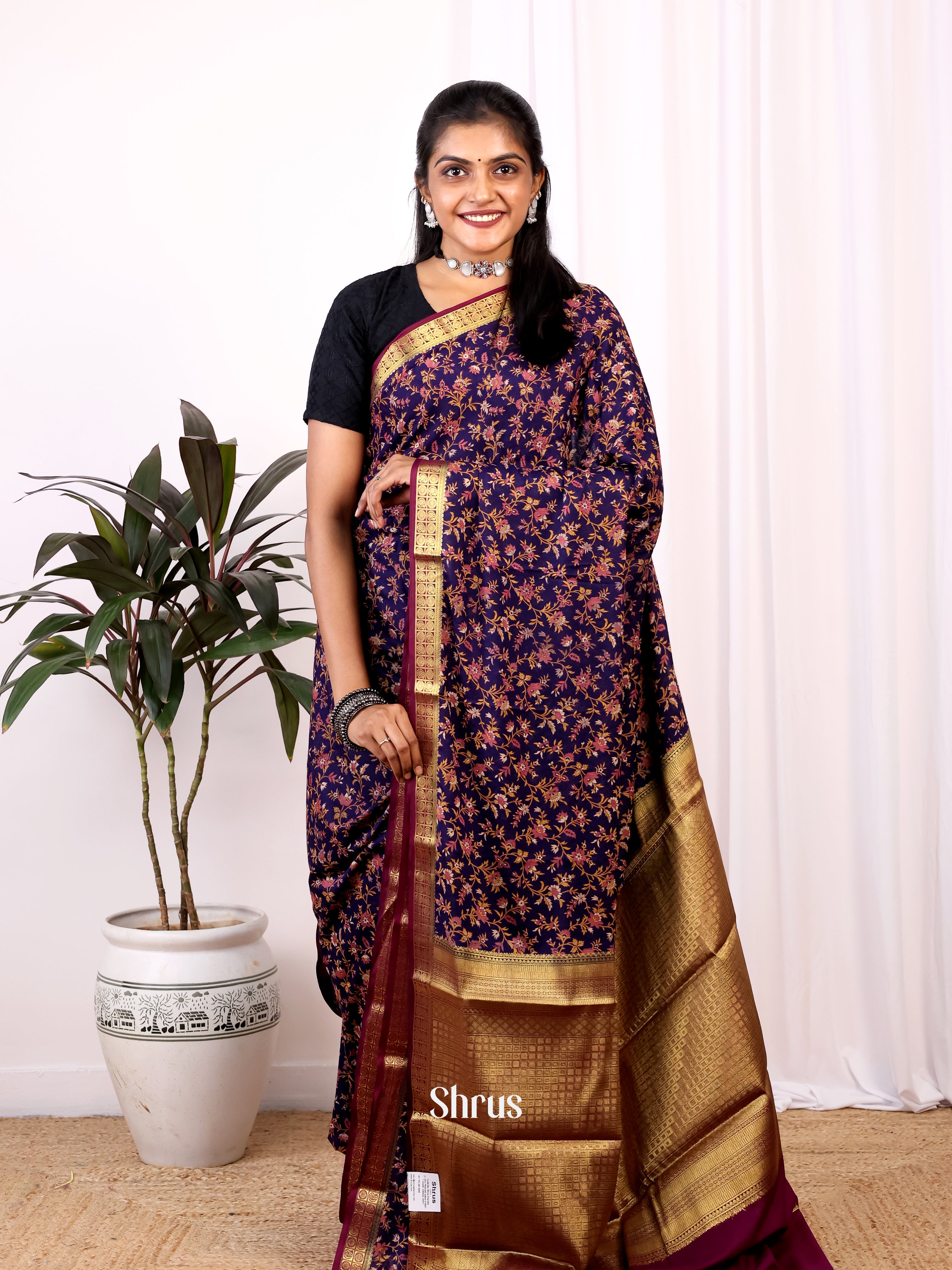 Blue & Maroon - Semi Mysoresilk Saree