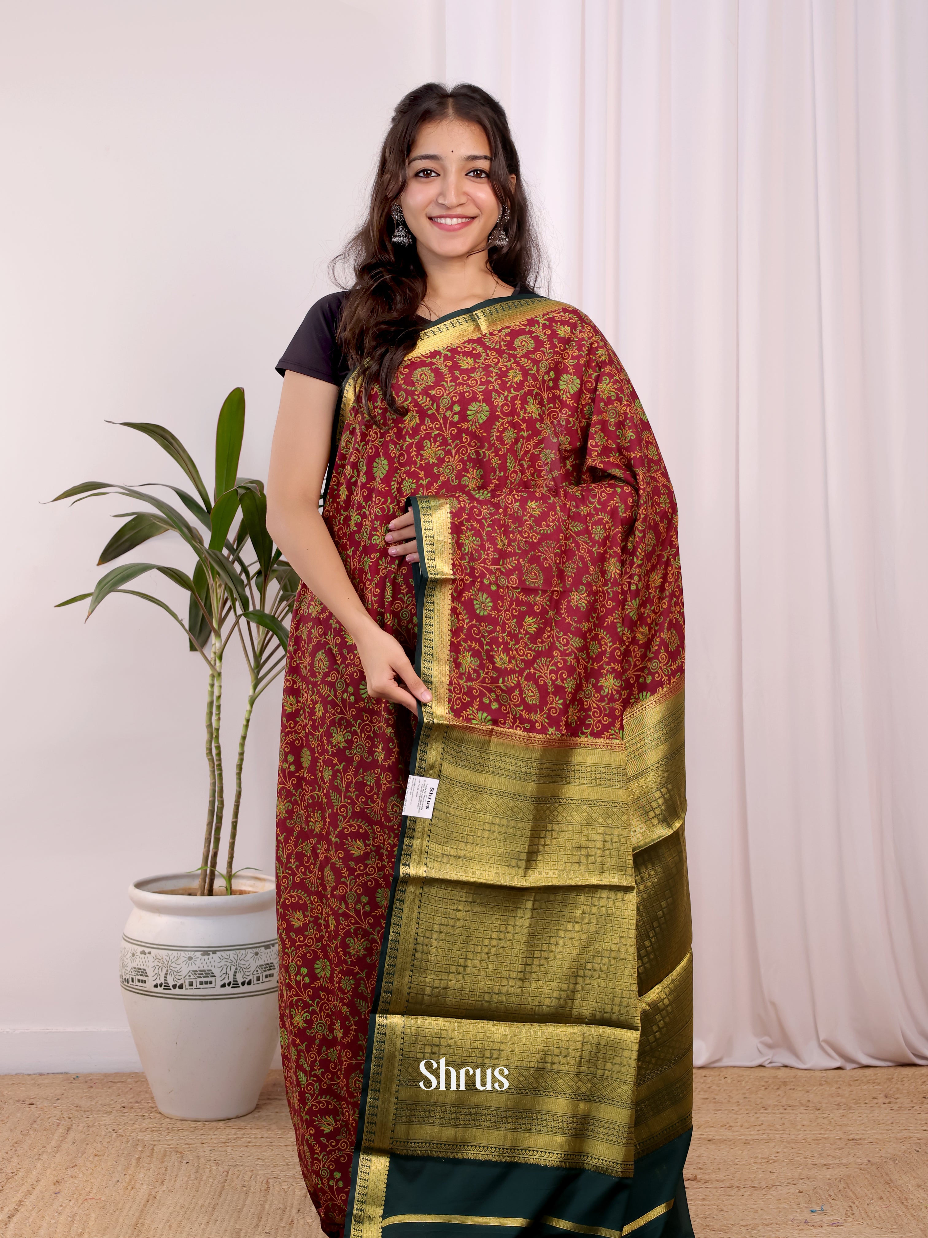 Maroon & Green - Semi Mysoresilk Saree