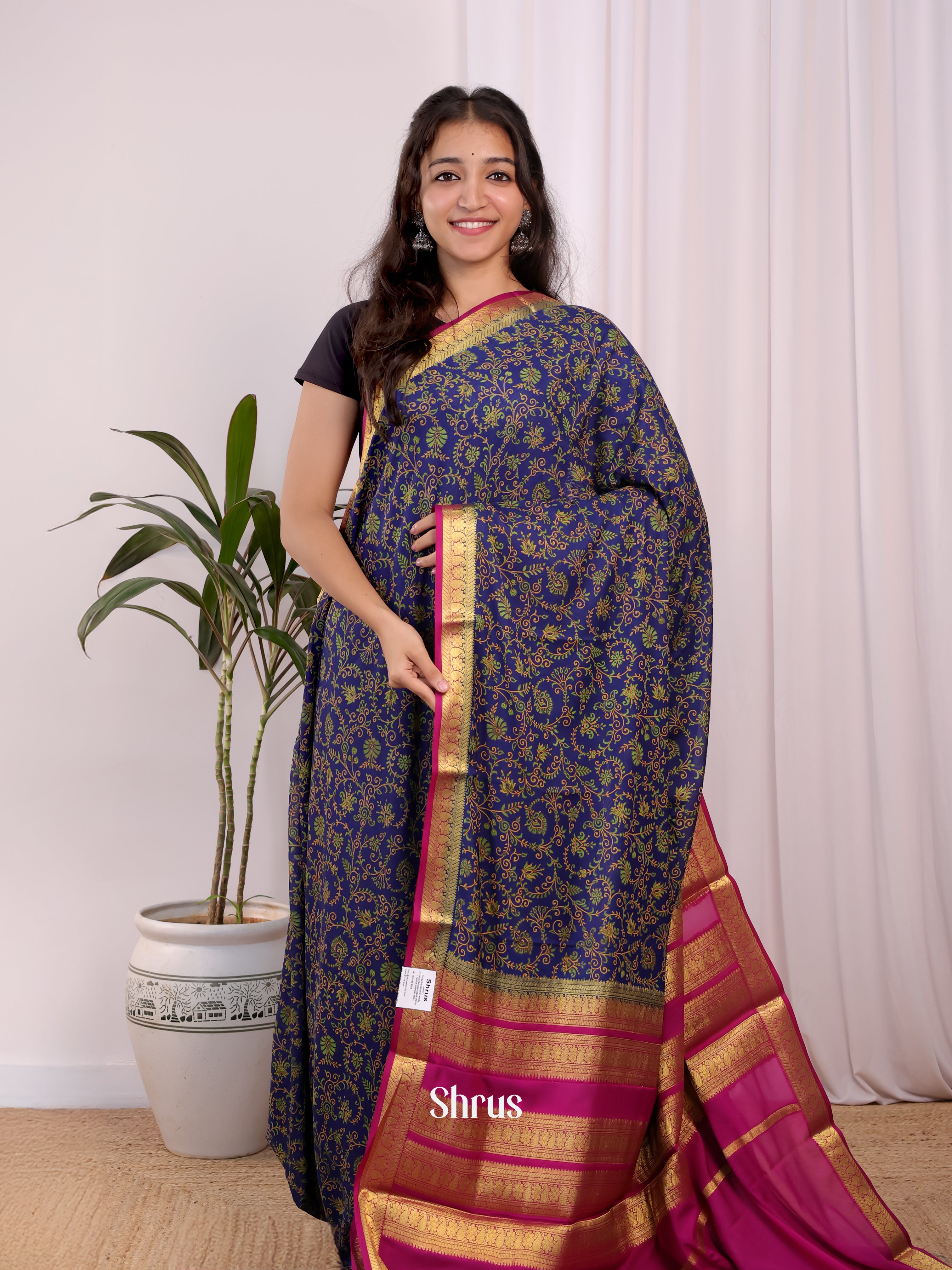 Blue & Pink - Semi Mysoresilk Saree