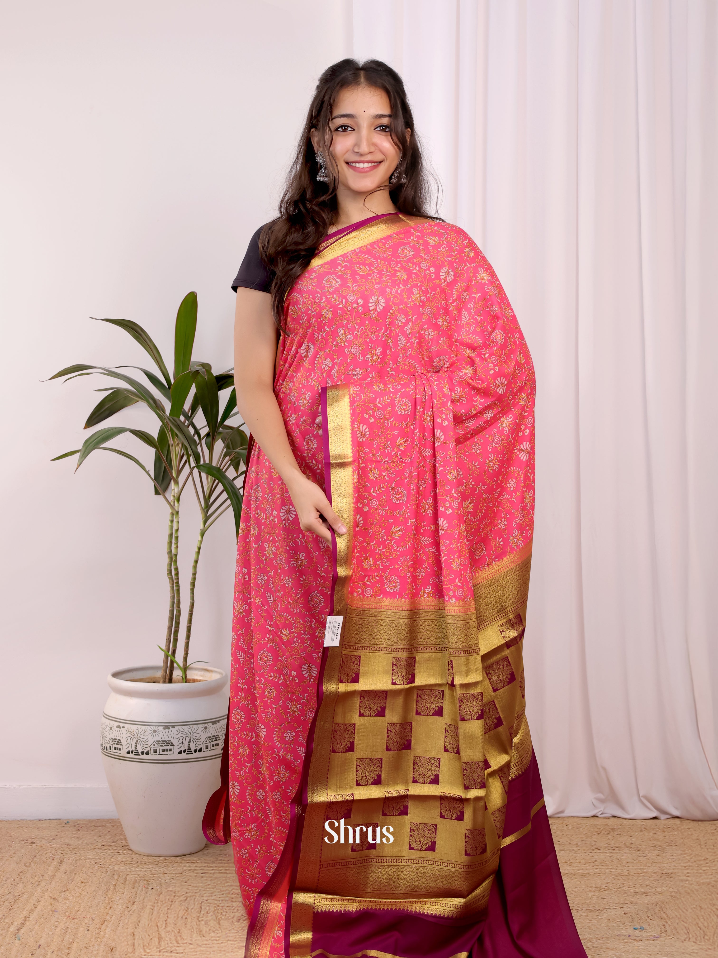 Pink & Maroon- Semi Mysoresilk Saree