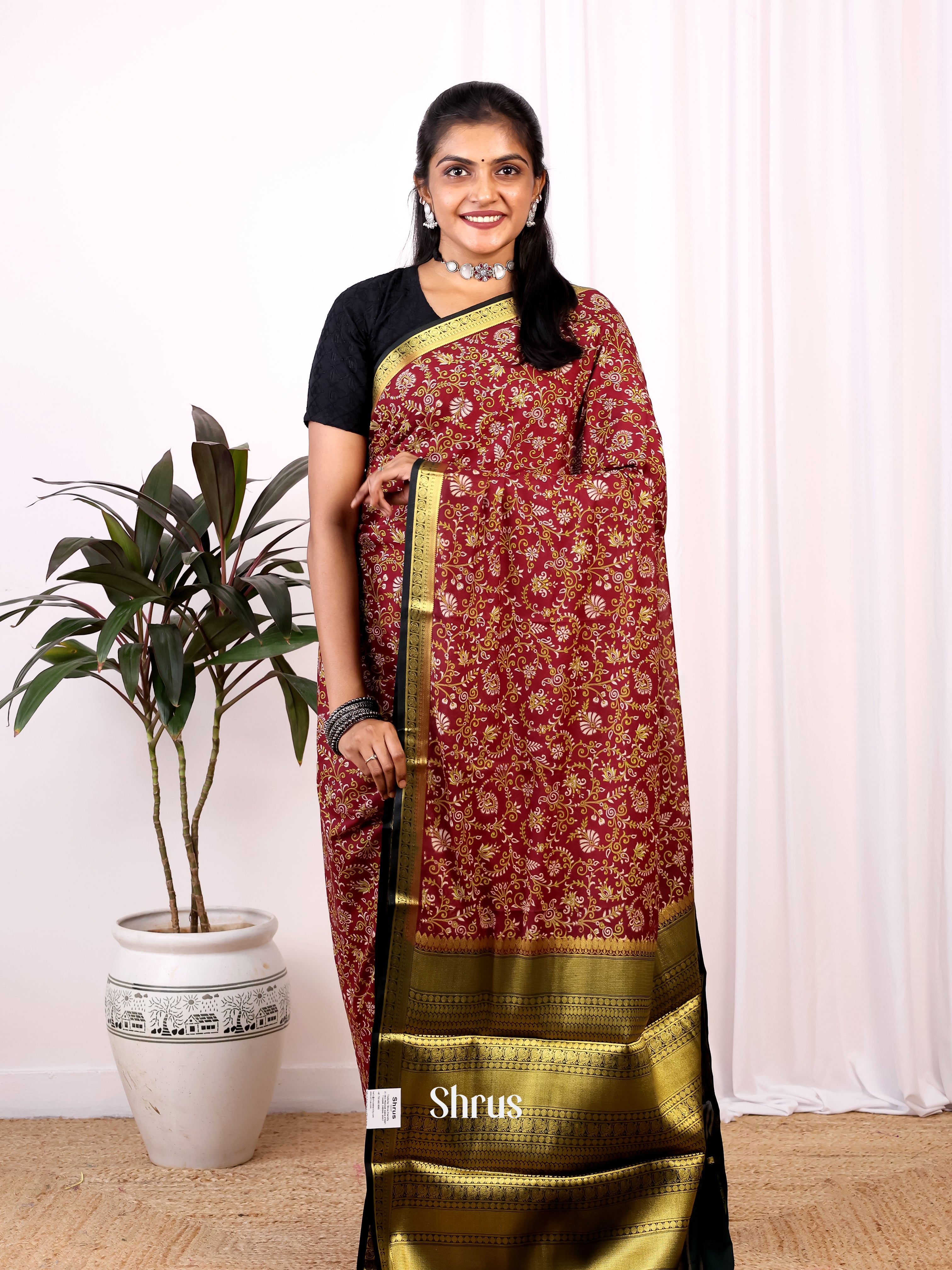 Maroon & Black - Semi Mysoresilk Saree