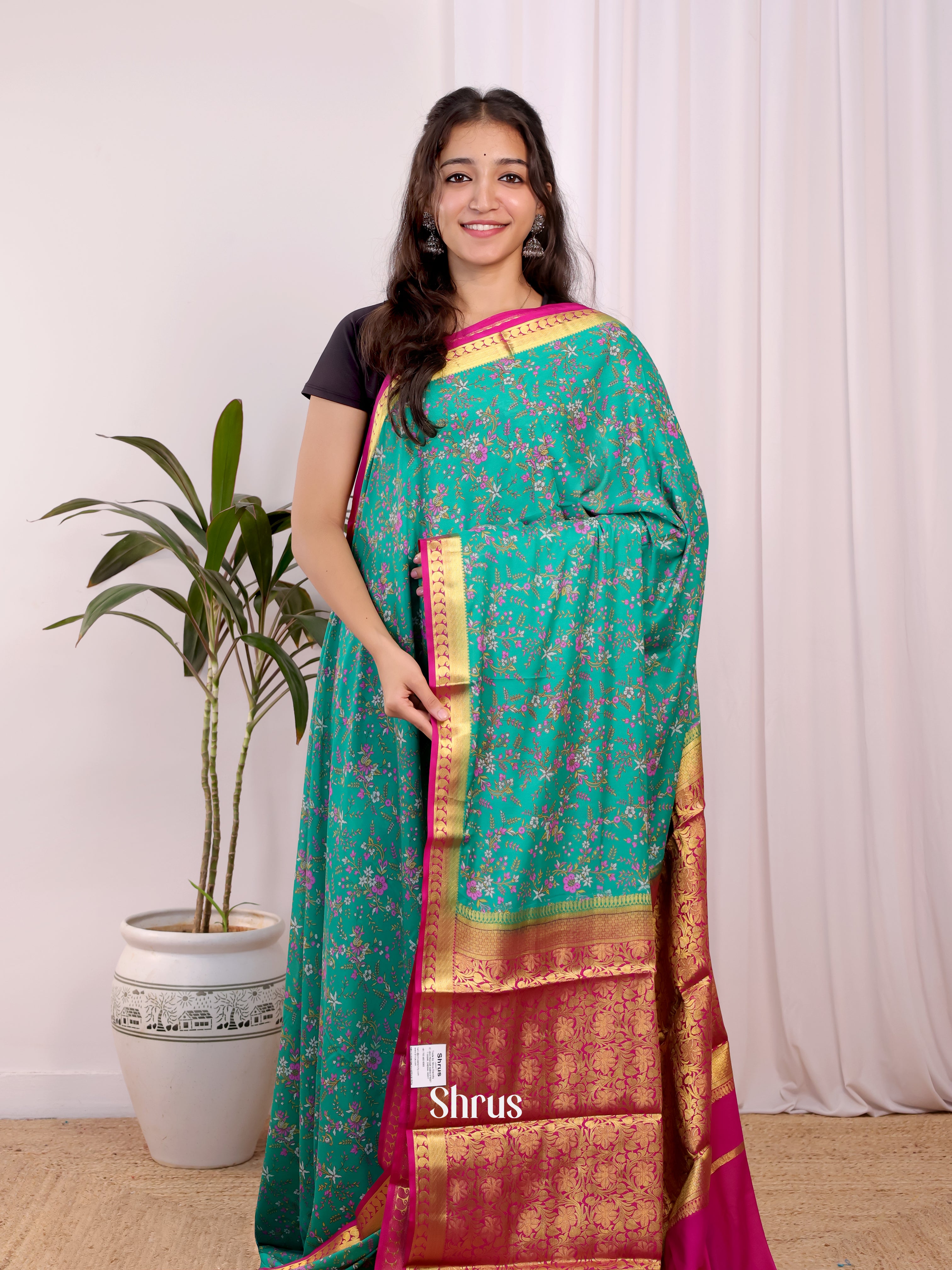 Green & Pink- Semi Mysoresilk Saree