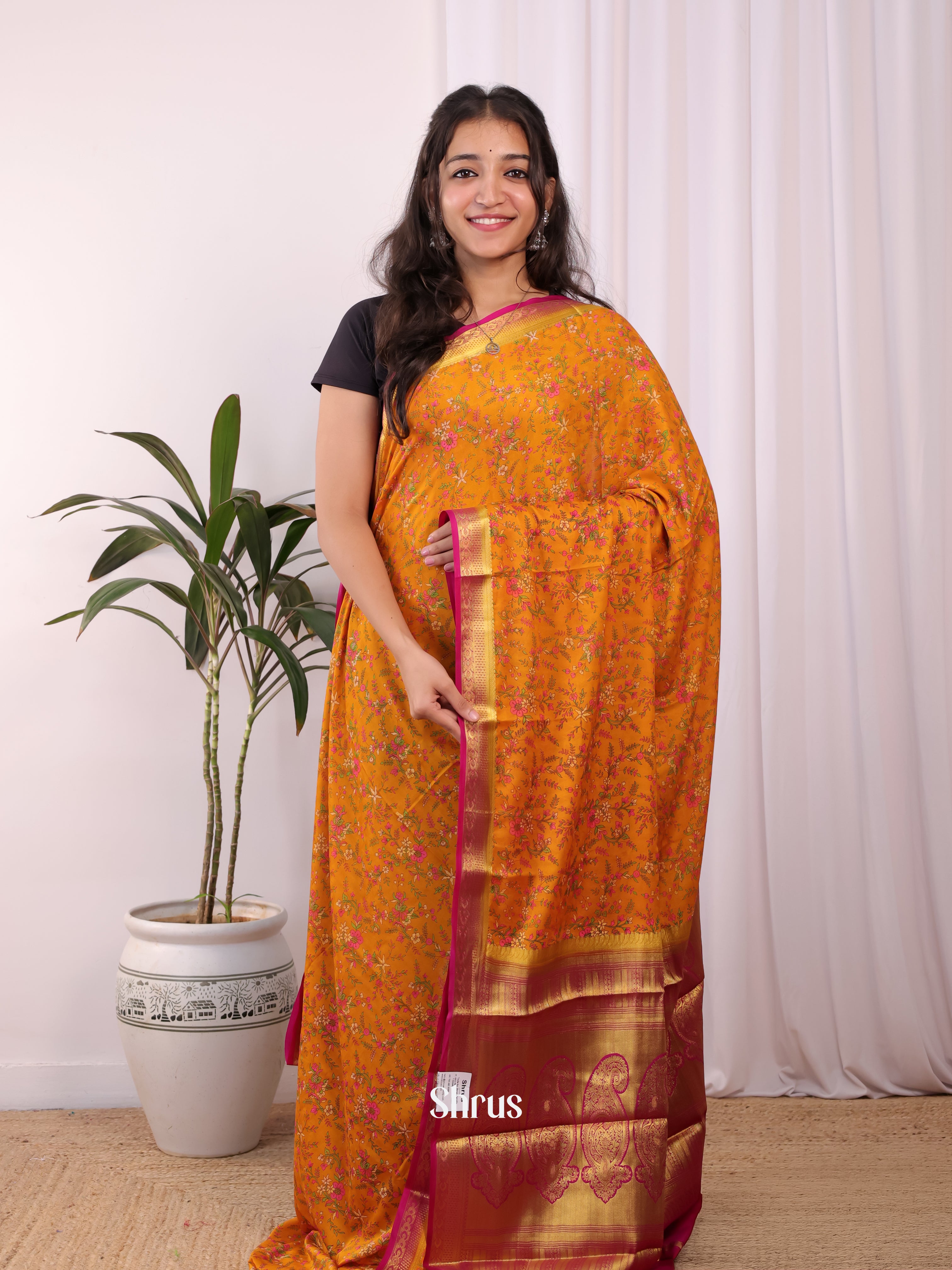 Orange & Pink - Semi Mysoresilk Saree