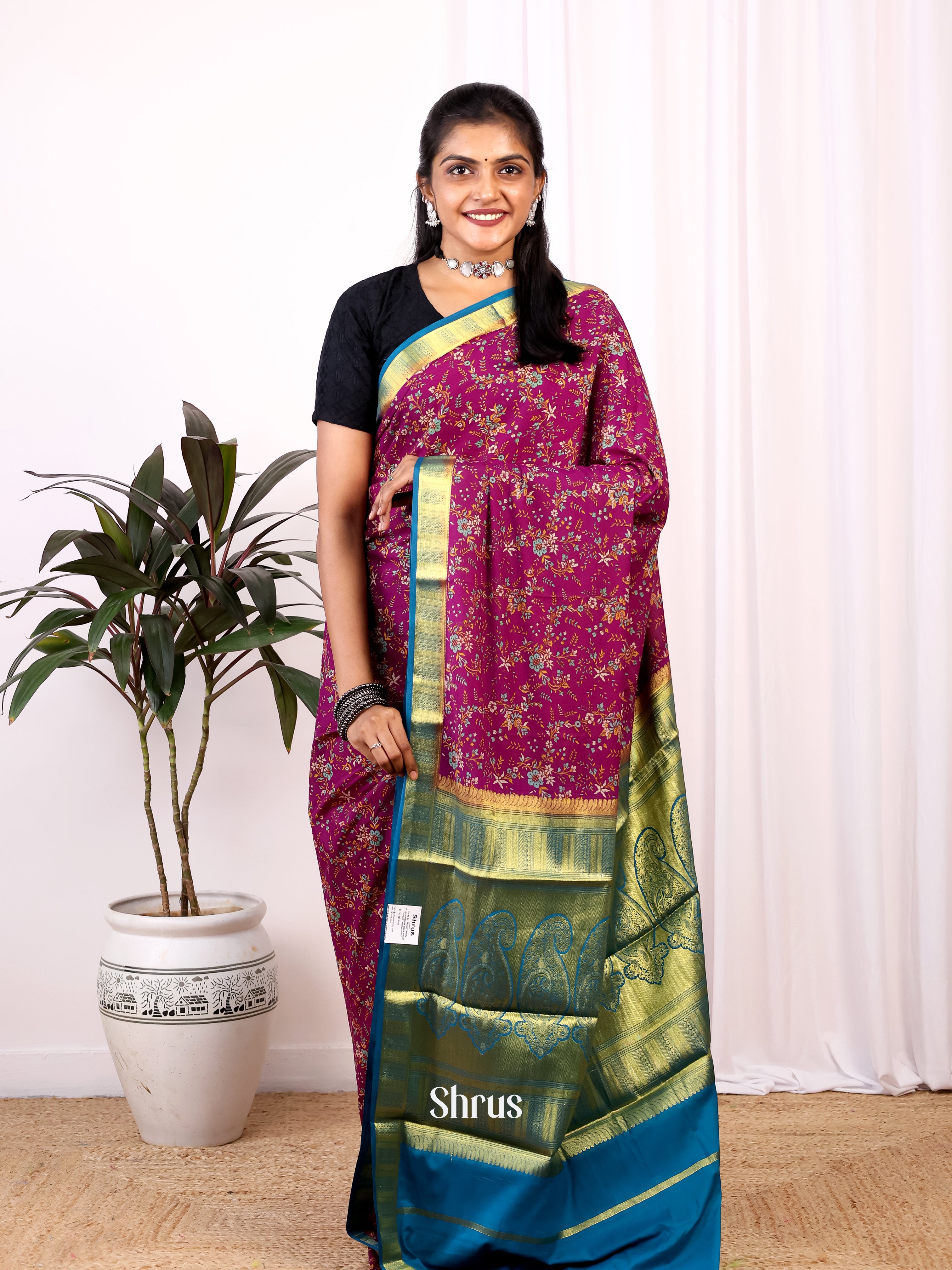 Purple & Blue - Semi Mysoresilk Saree