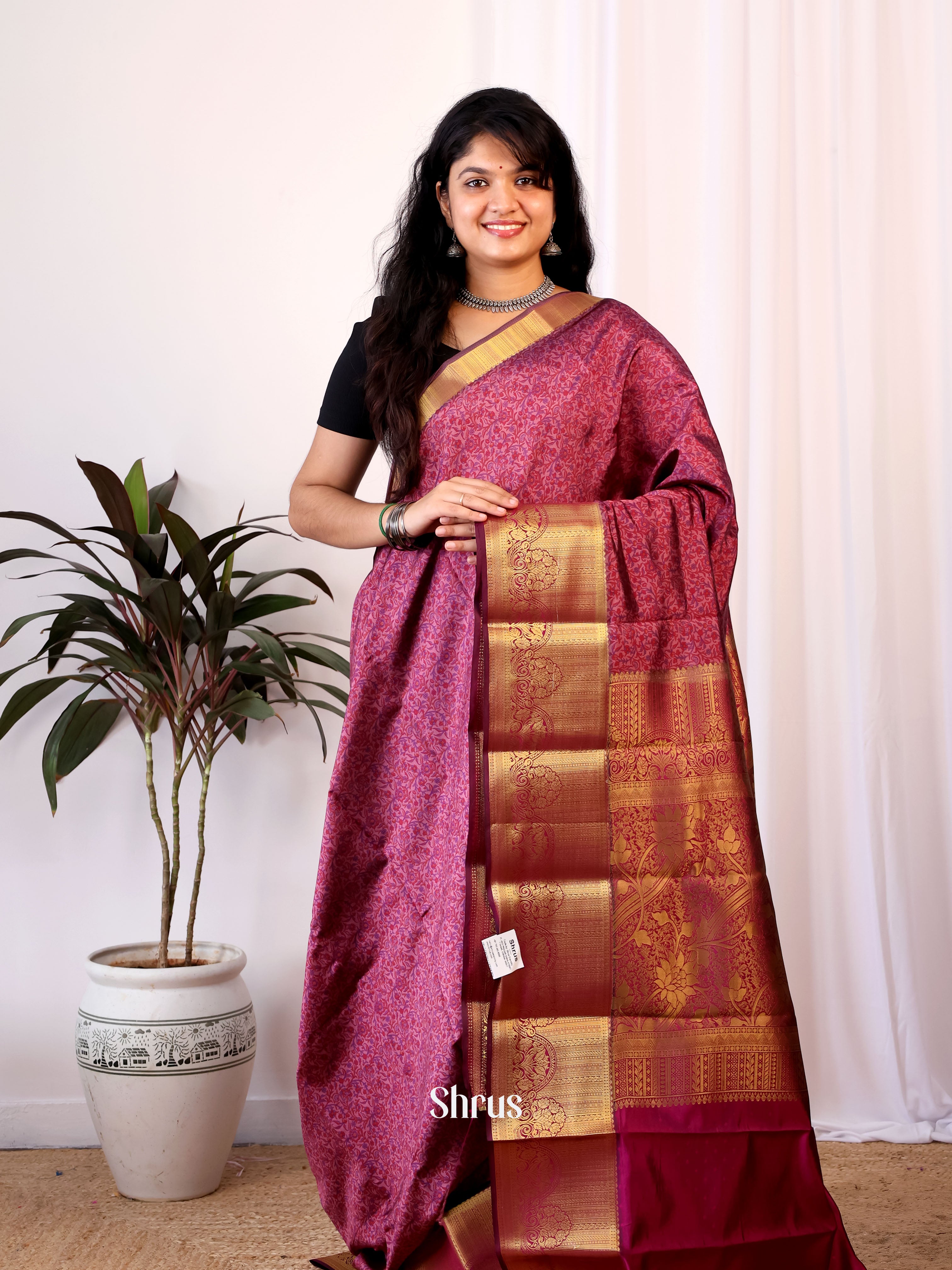 Purple & Maroon  - Printed Silk Saree