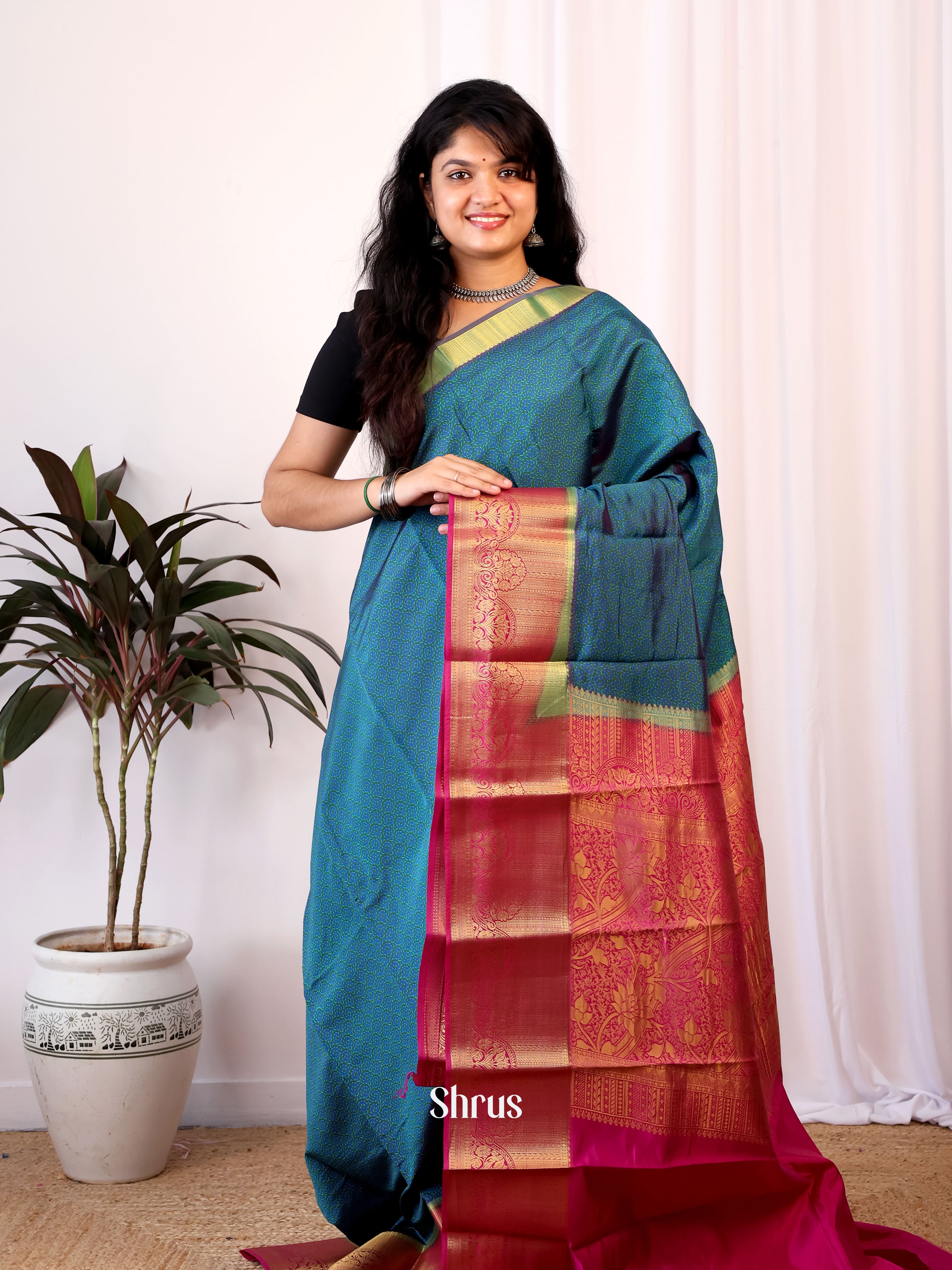 Blue & Majenta - Printed Silk Saree