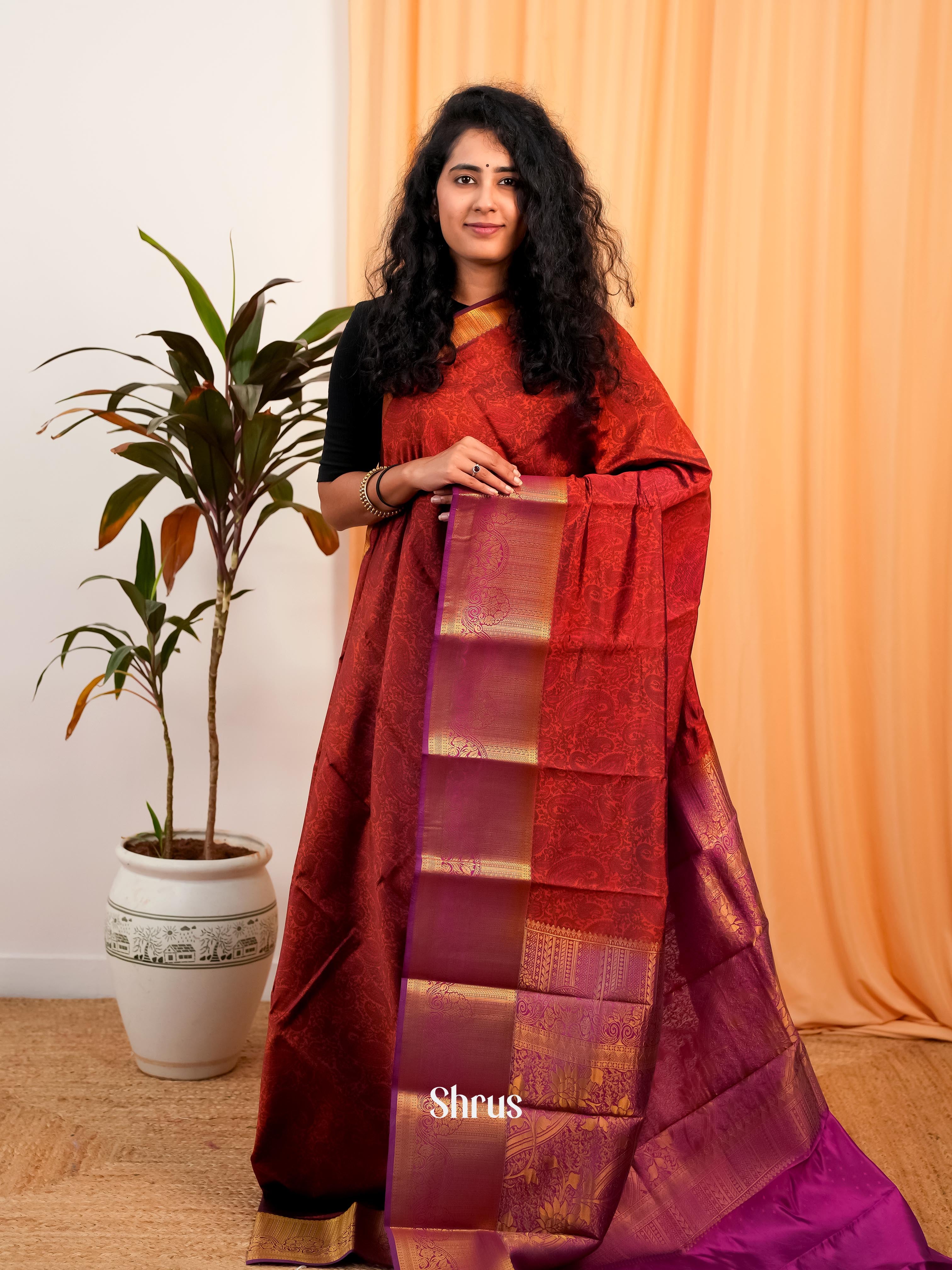 Red & Purple - Printed Silk Saree