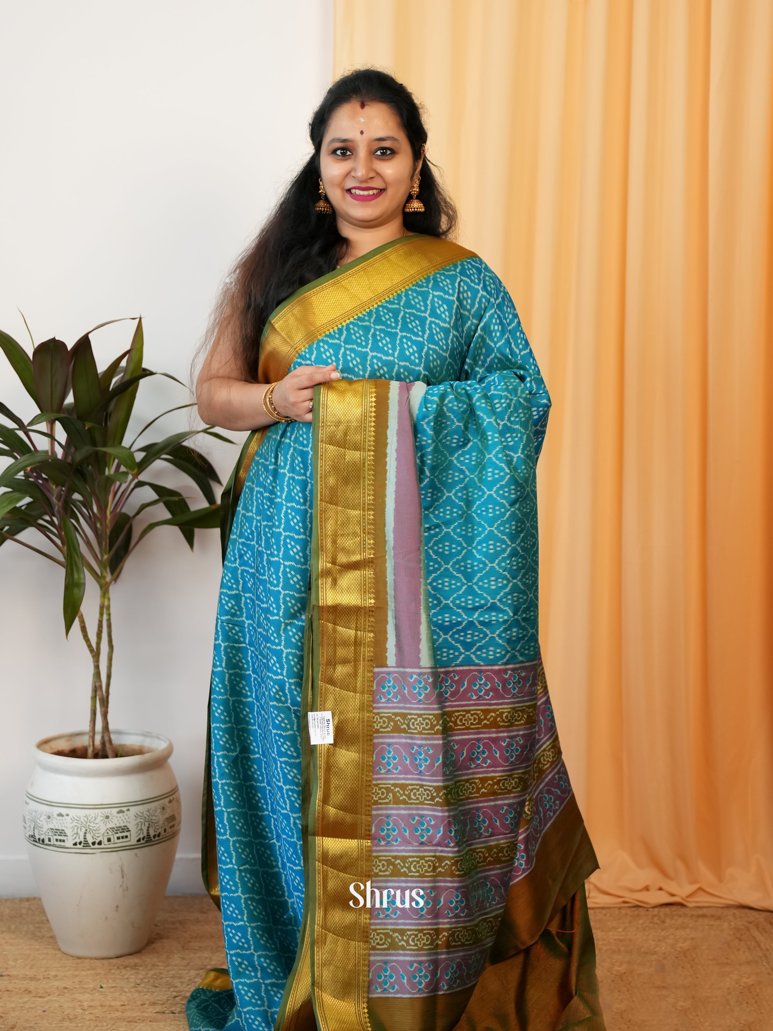 Blue & Mustardy Green - Semi Patola Saree