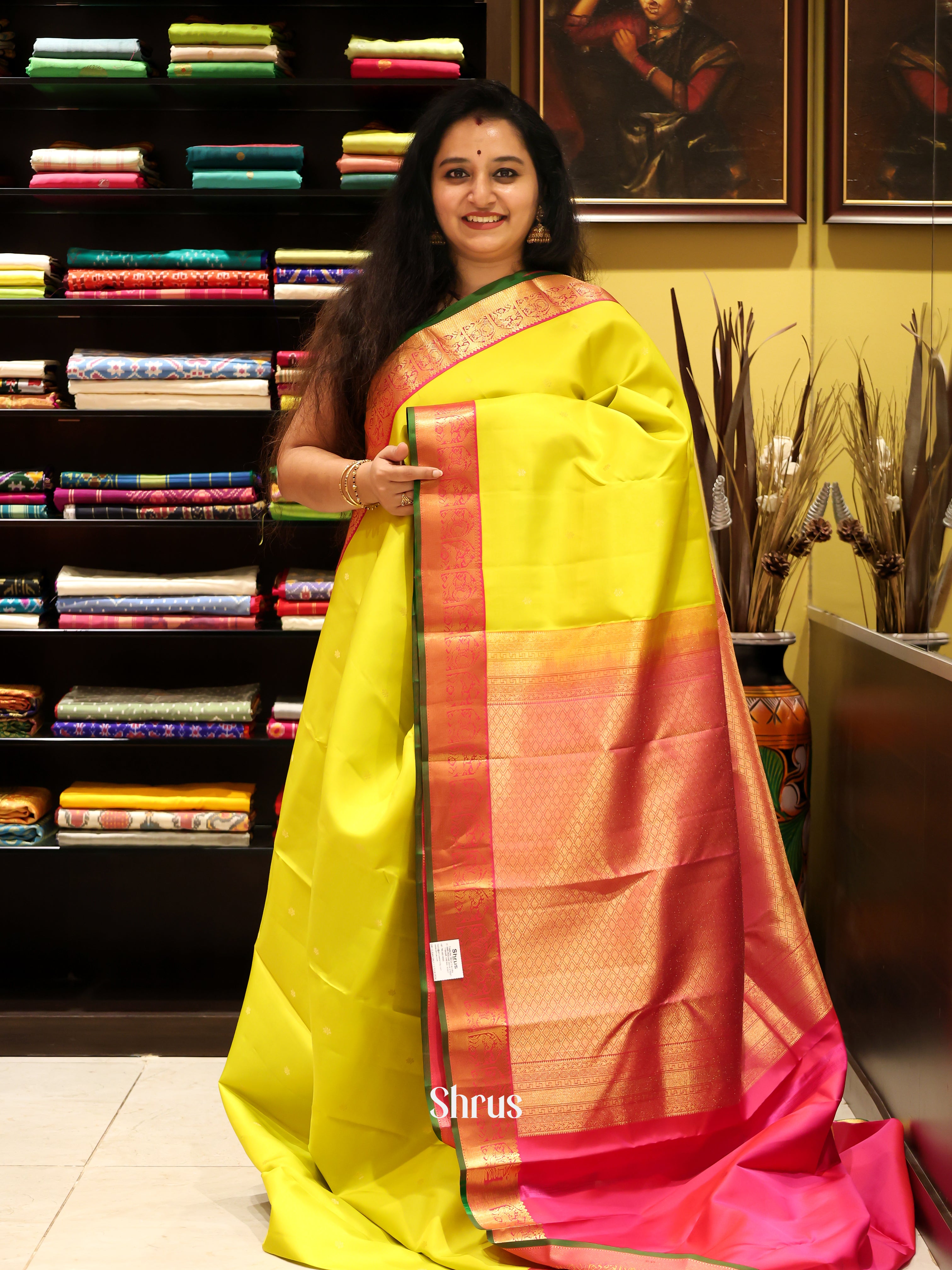 Mustardy Green & Pink - Kanchipuram silk Saree