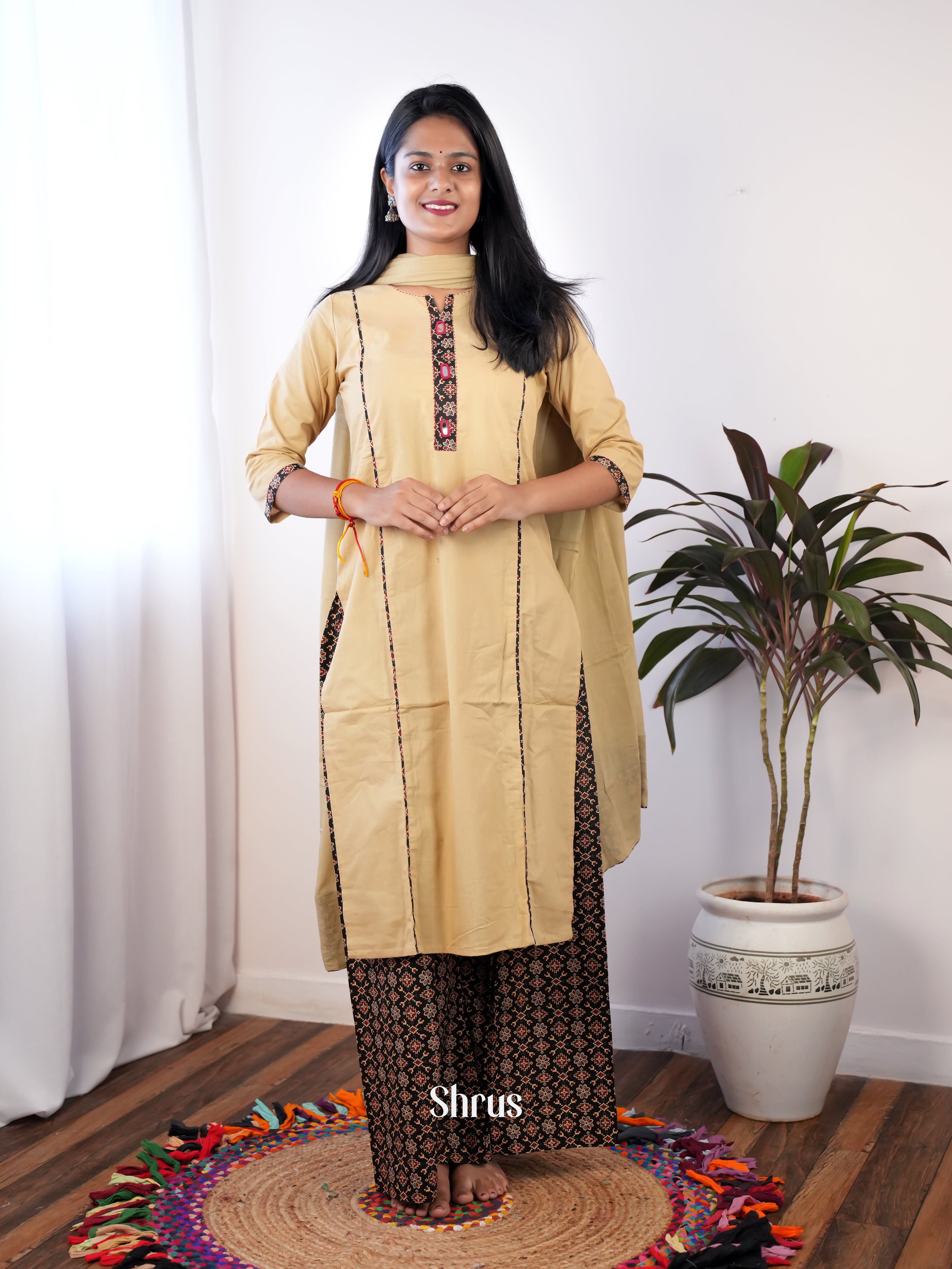 Beige & Black- 3pc Readymade Suits