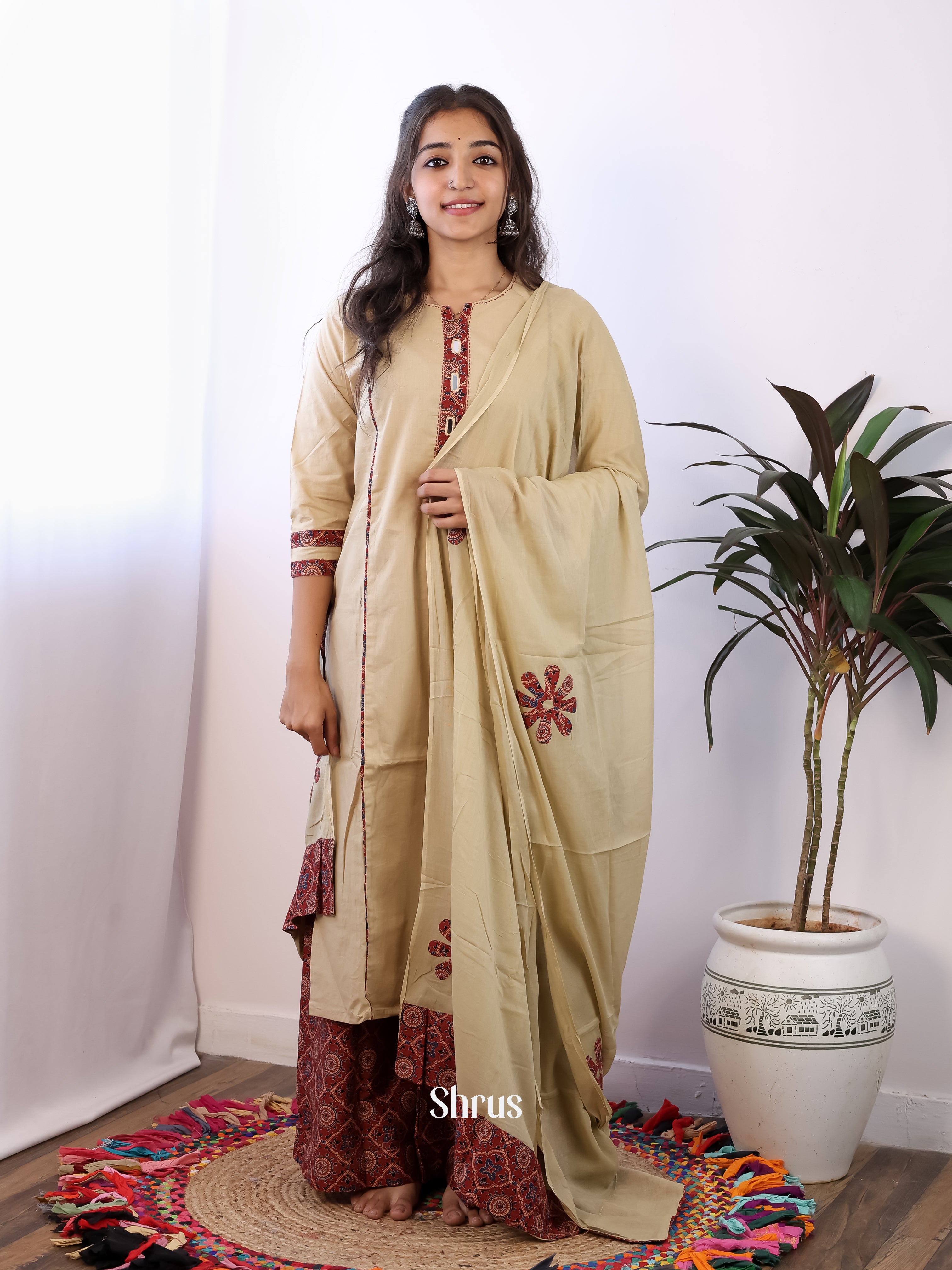 Beige & Maroon - 3pc Readymade Suits