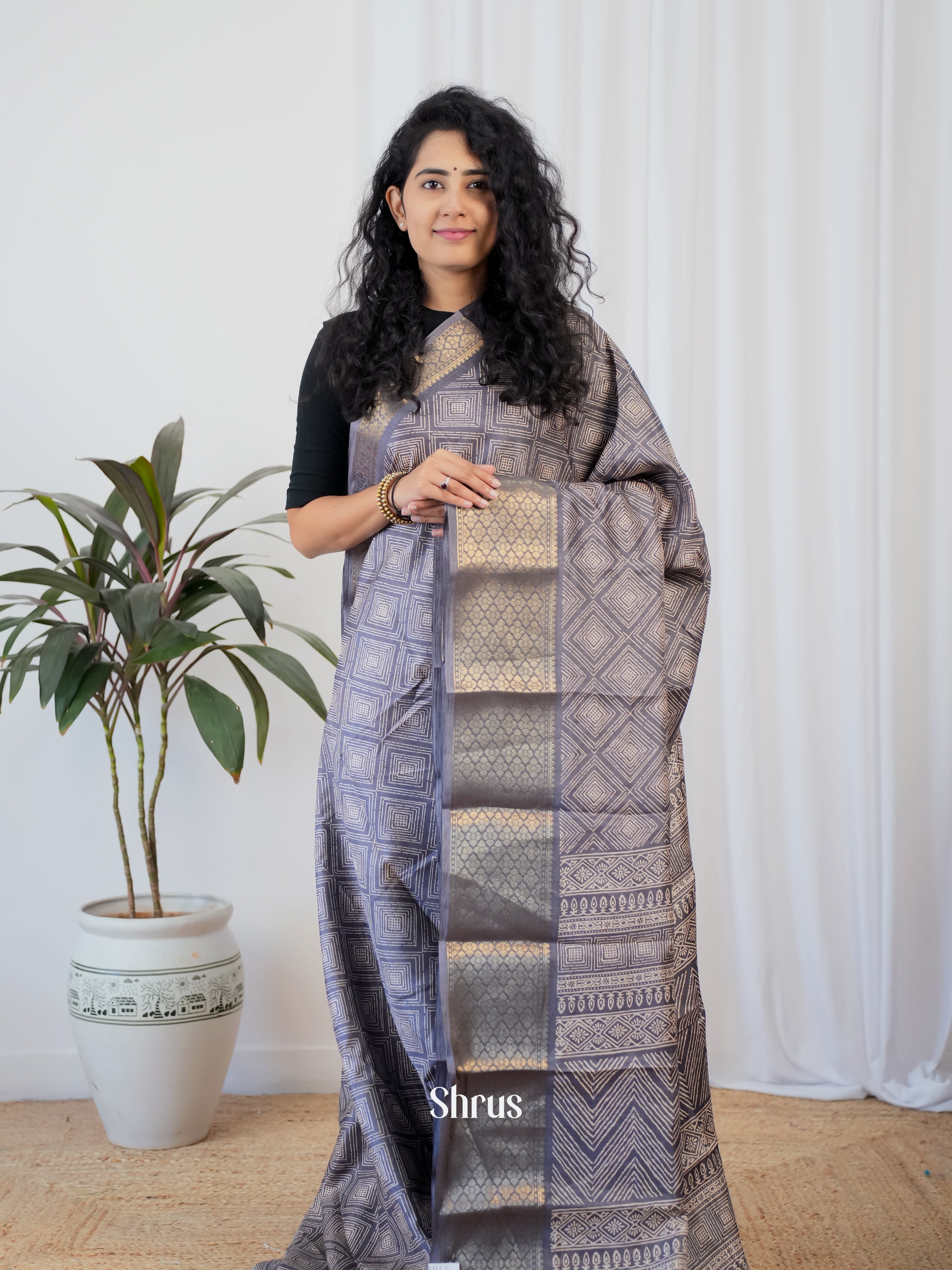 Grey -  Semi Crepe Saree