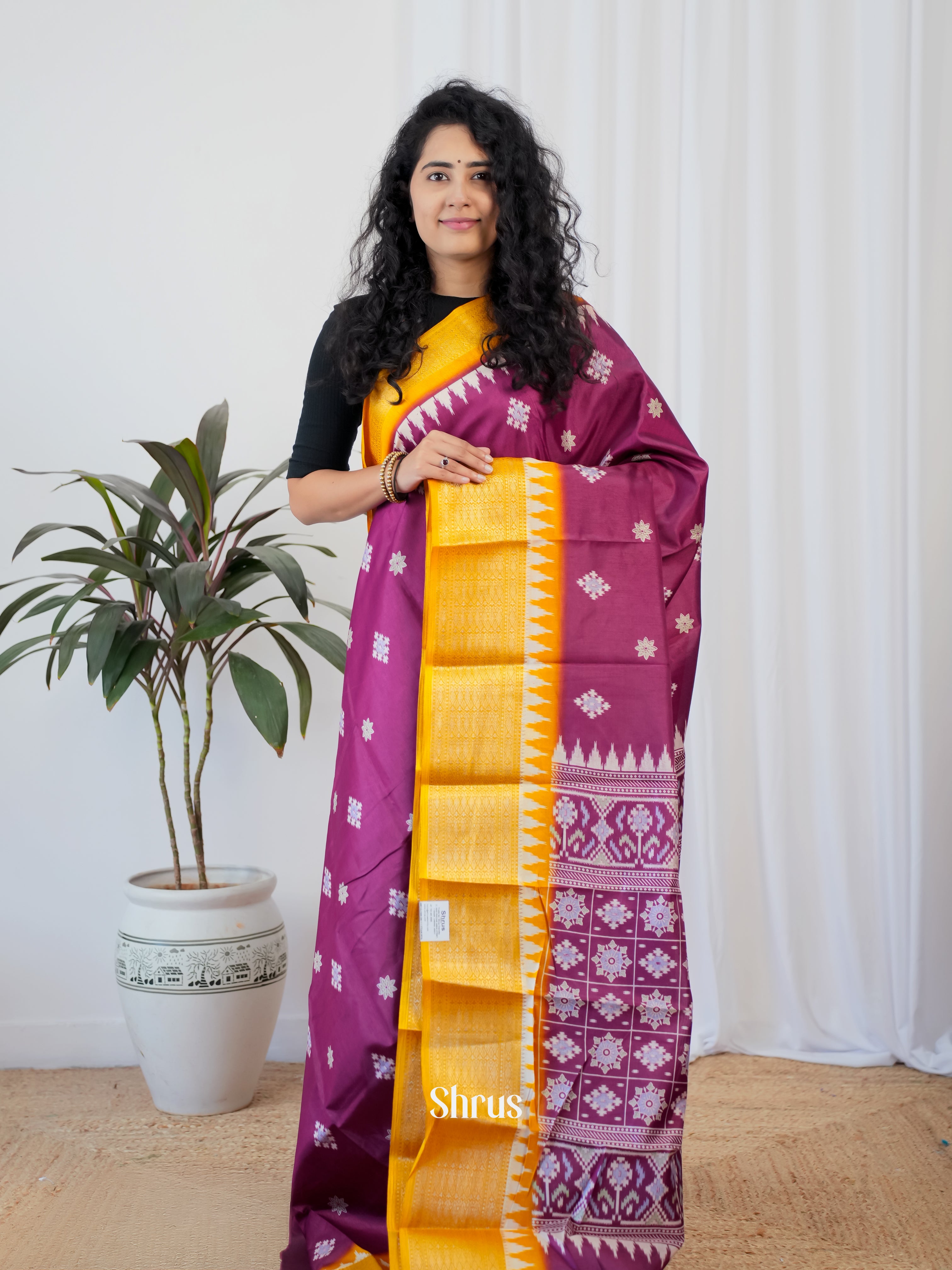 Purple & Mustard - Semi Crepe Saree