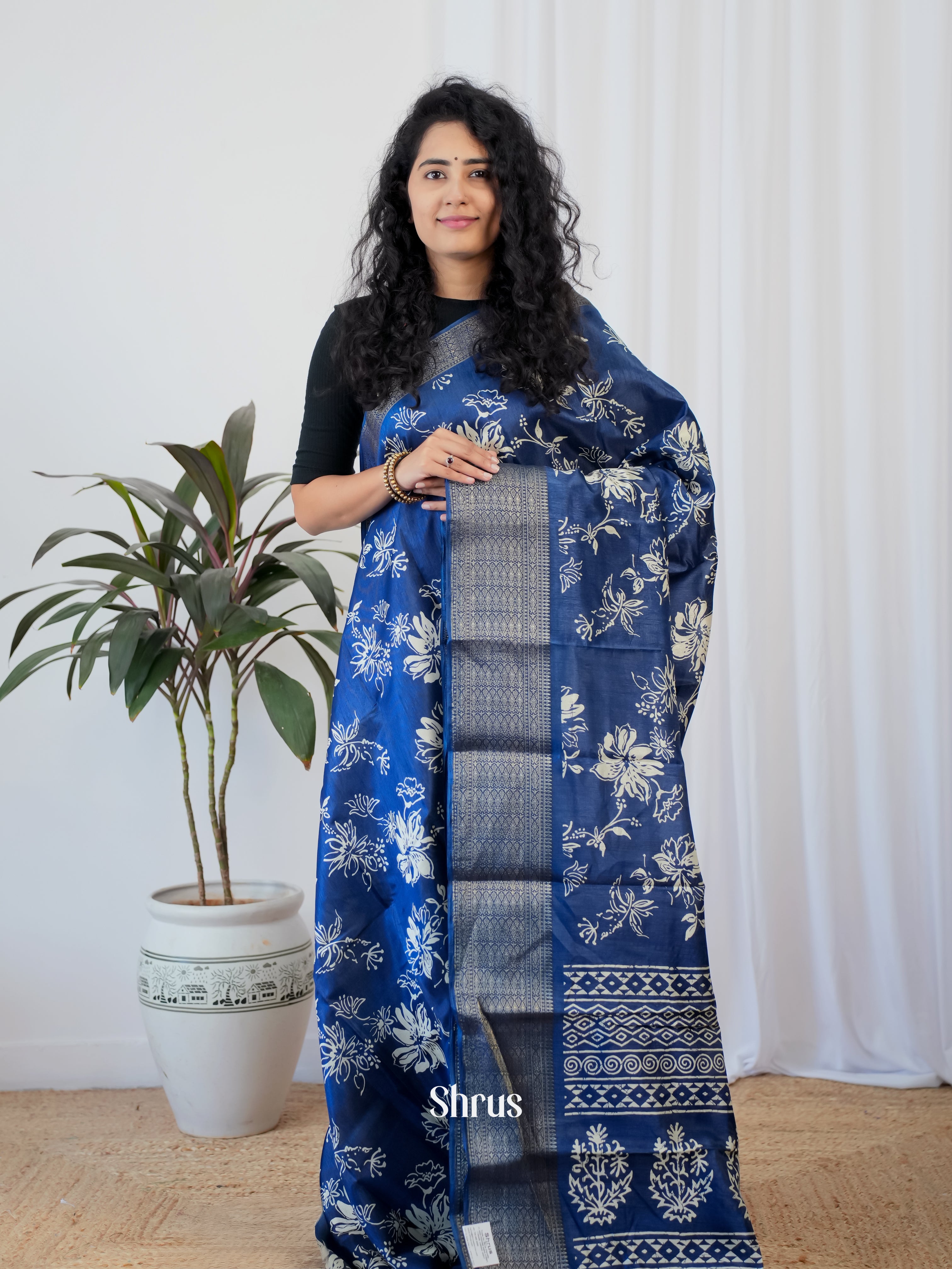 Blue - Semi Crepe Saree