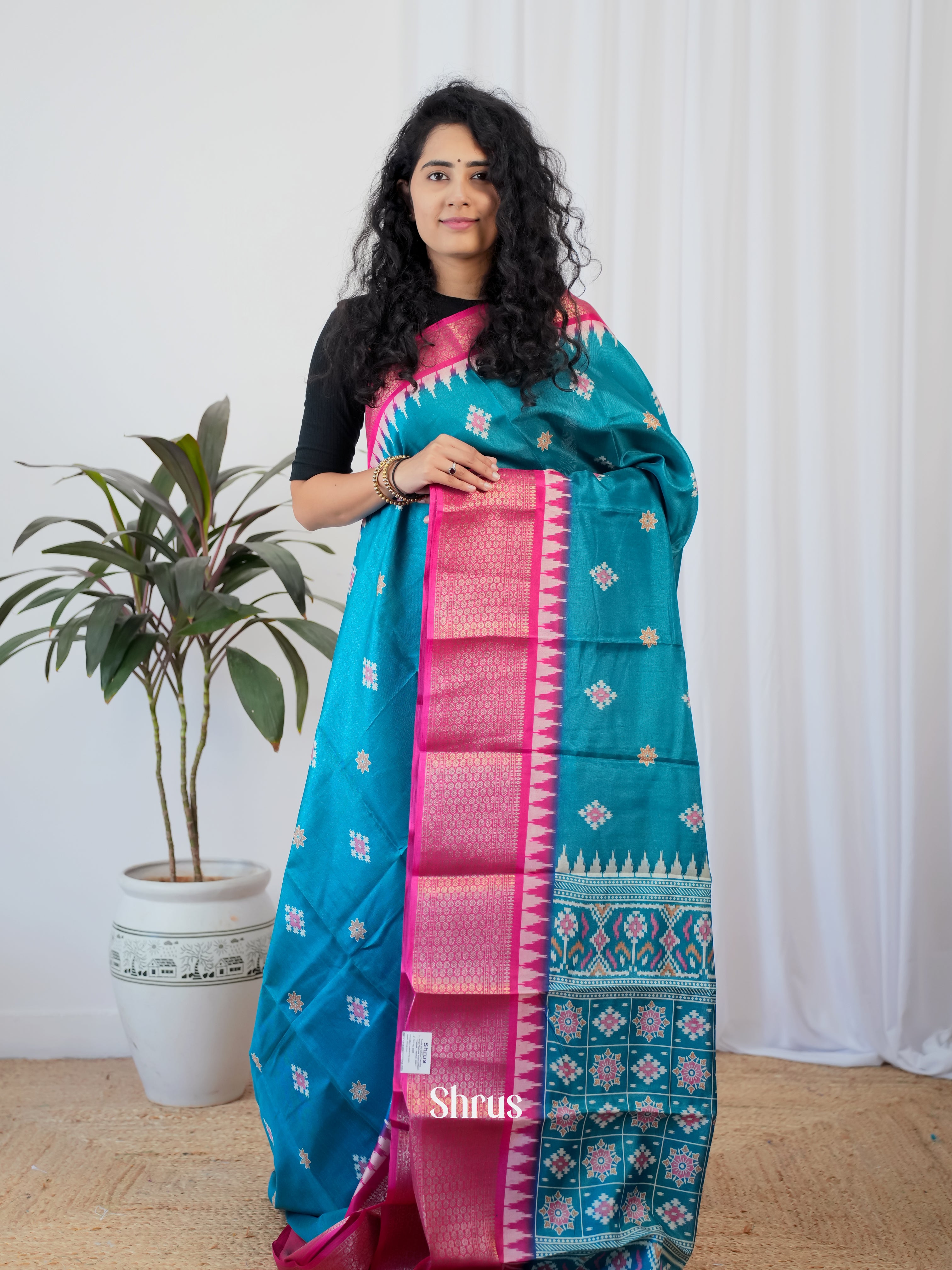 Blue &  Pink - Semi Crepe Saree