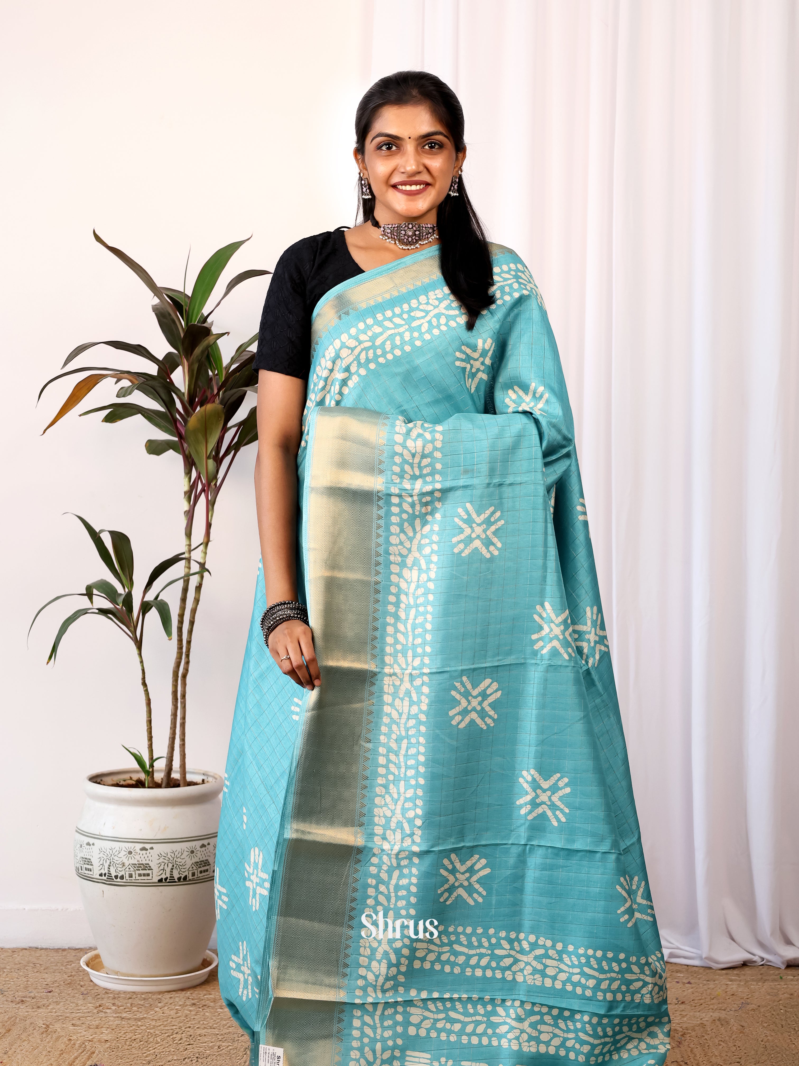 Teal - Semi Crepe Saree