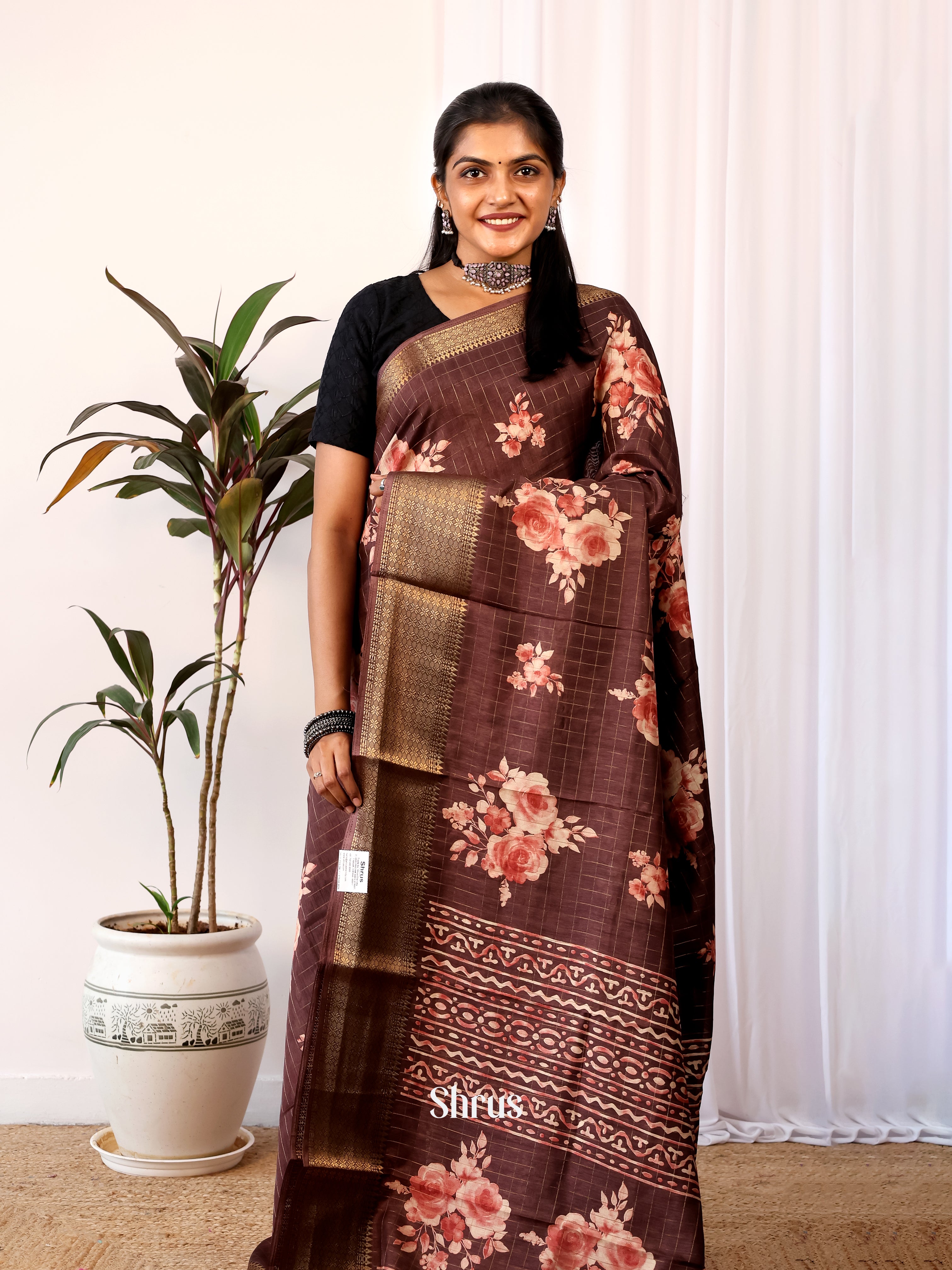 Brown - Semi Crepe Saree