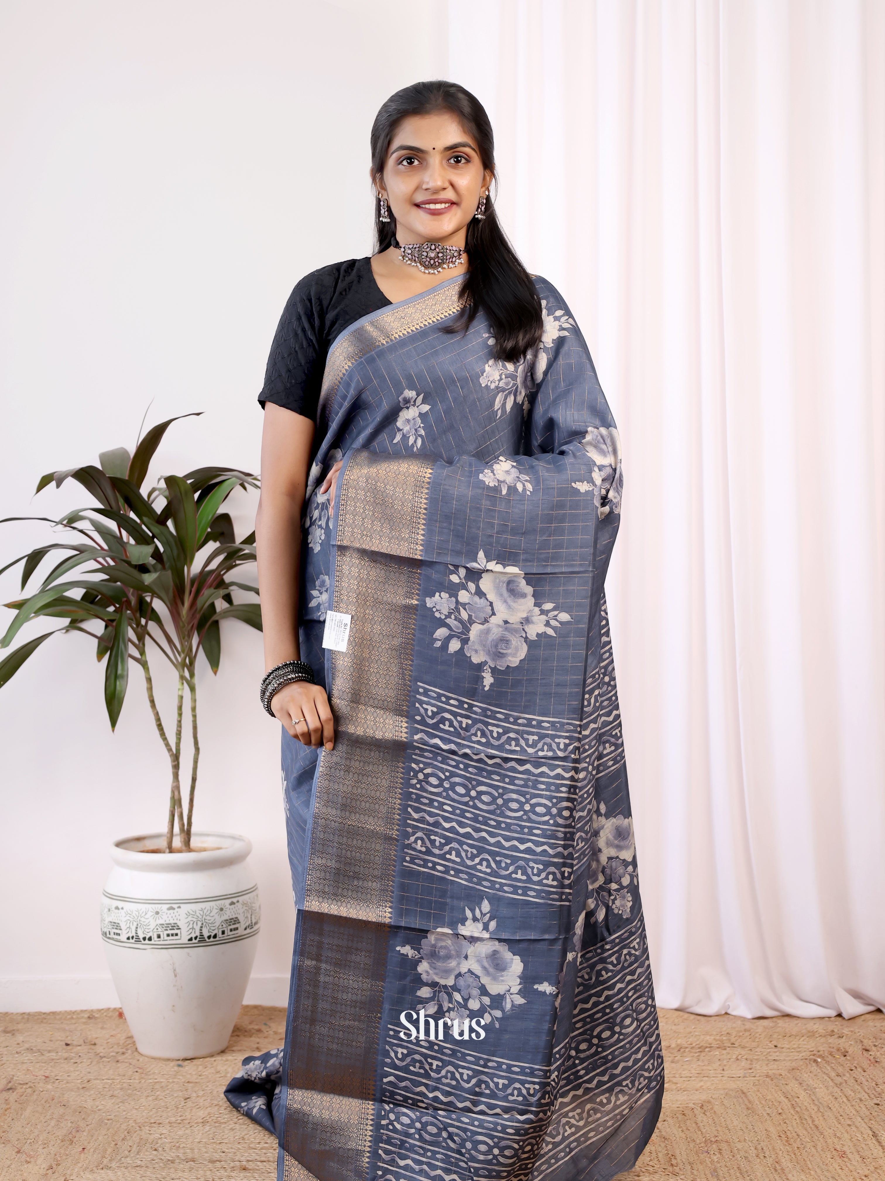 Grey - Semi Crepe Saree