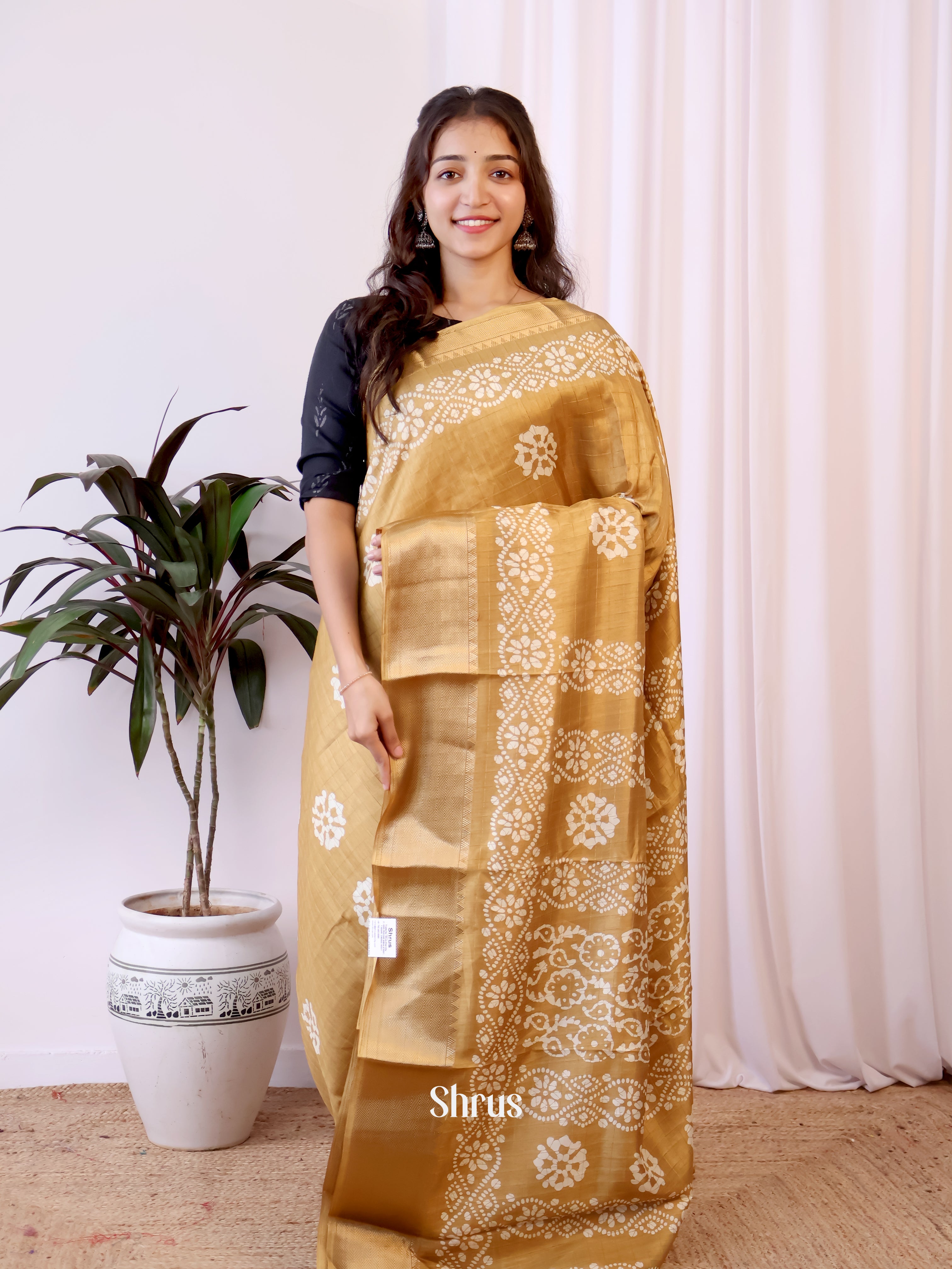 Beige - Semi Crepe Saree