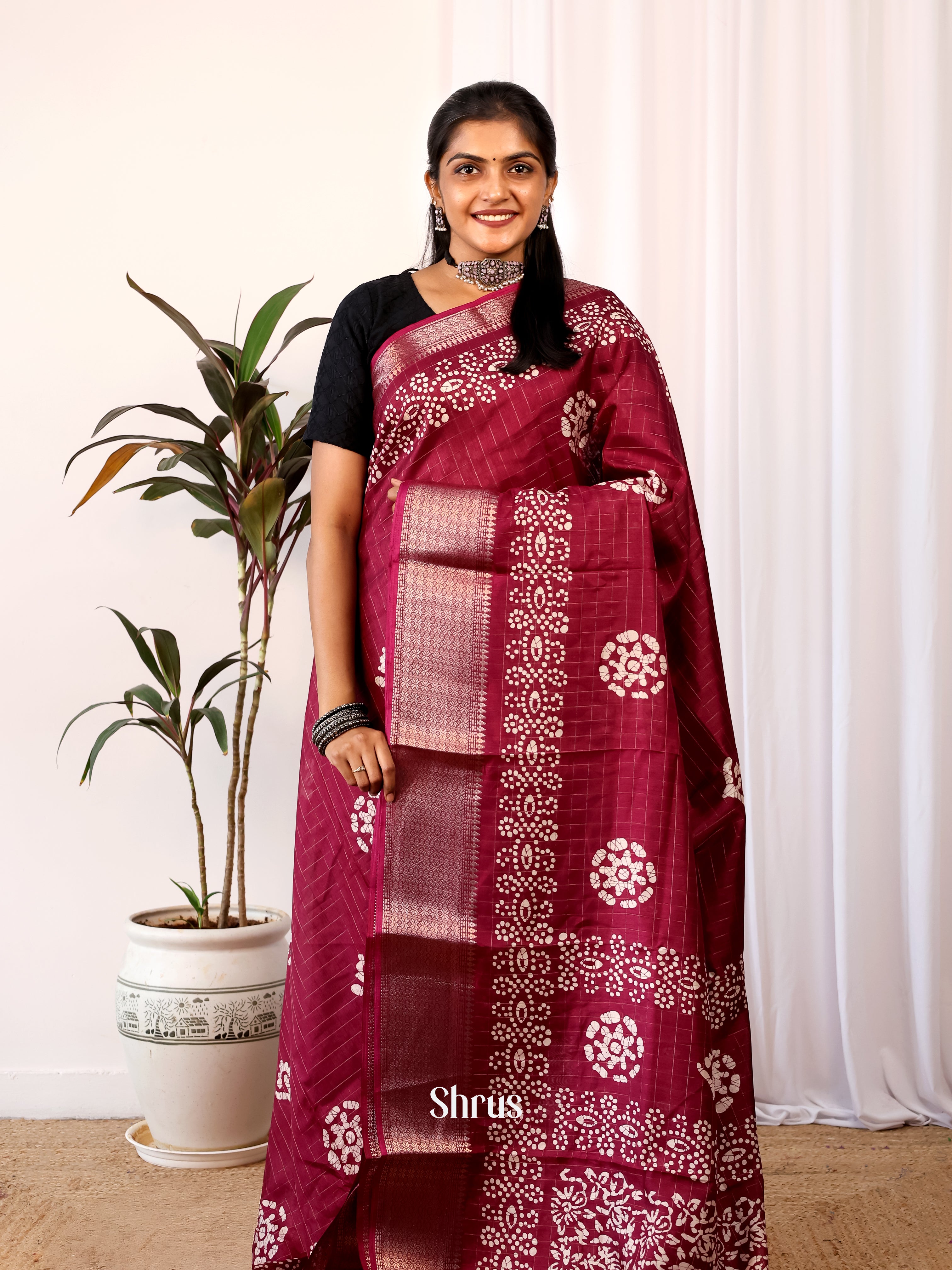 Maroon - Semi Crepe Saree