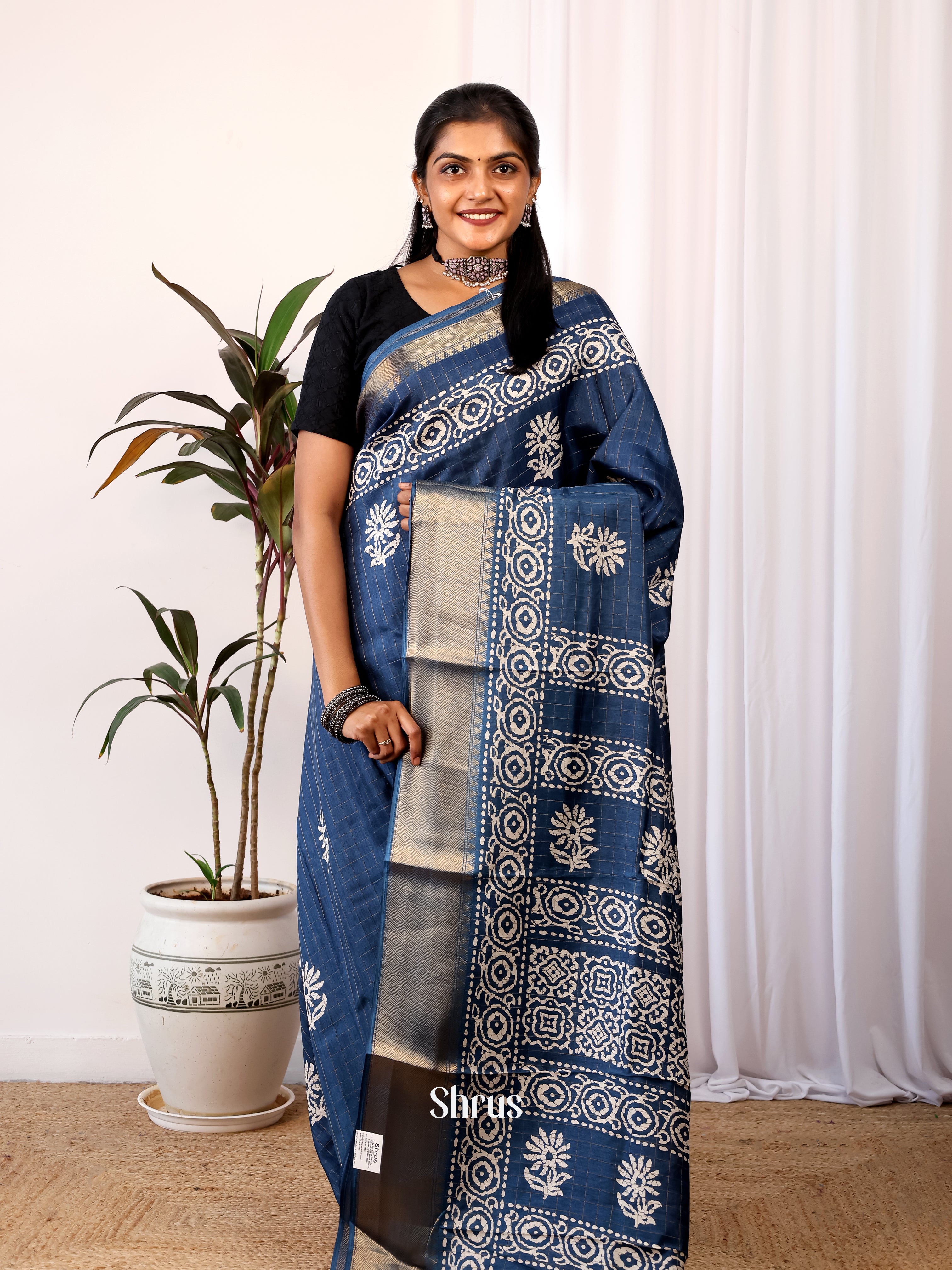 Blue - Semi Crepe Saree