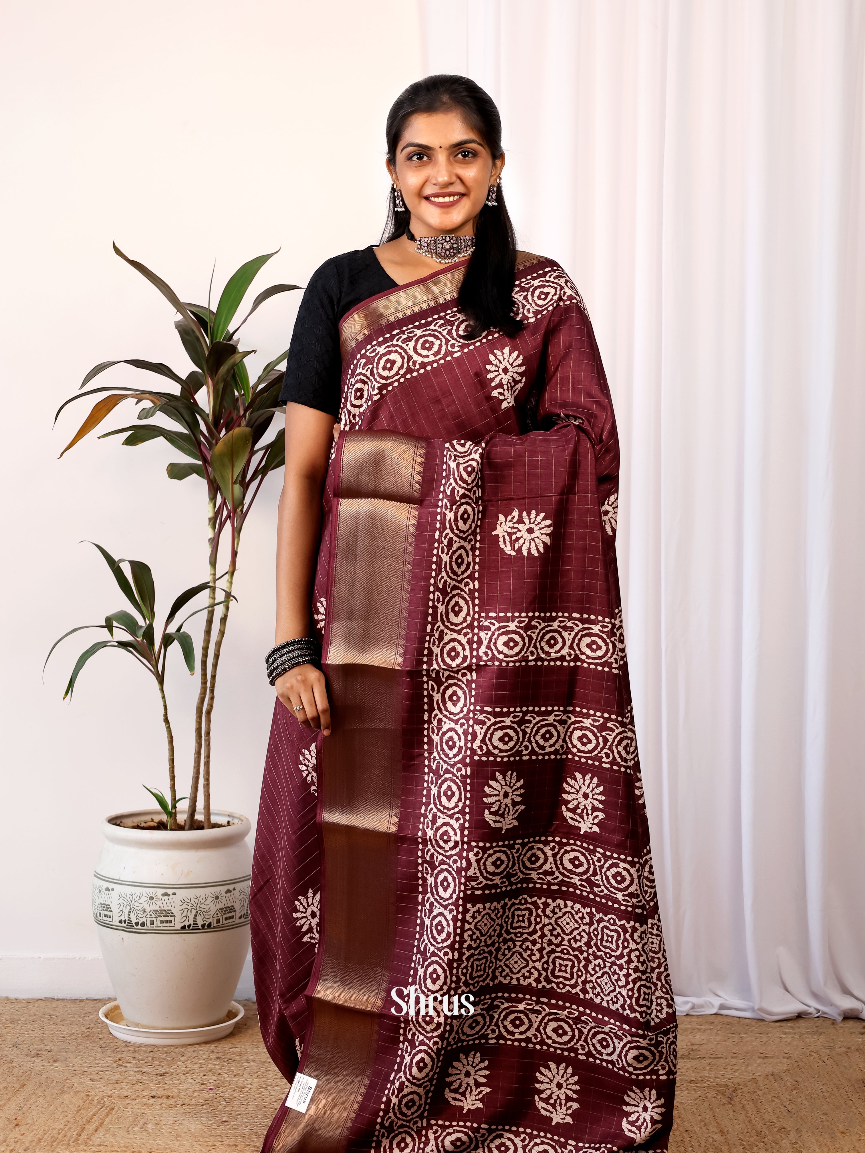 Brown - Semi Crepe Saree