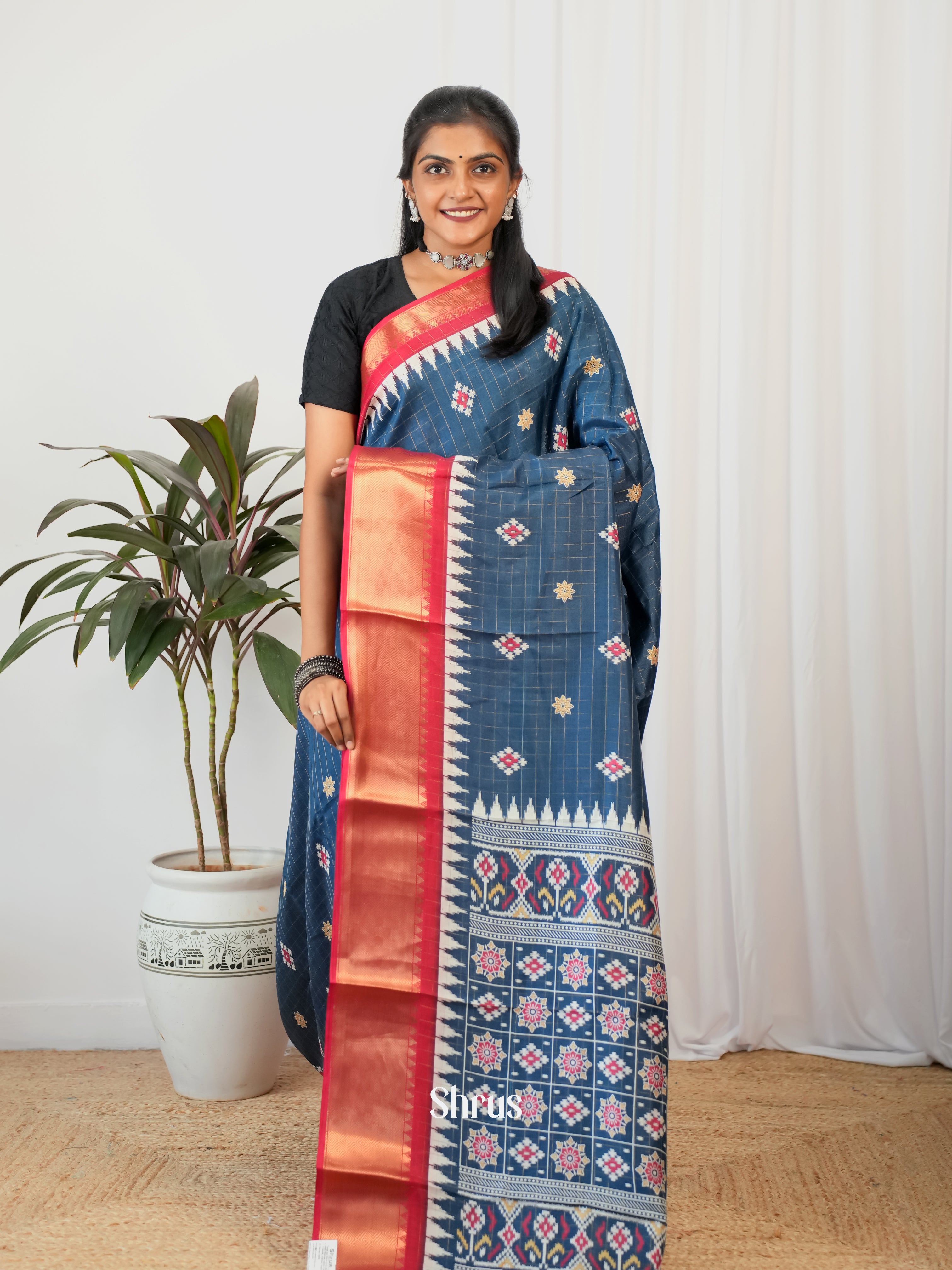 Blue & Red - Semi Crepe Saree