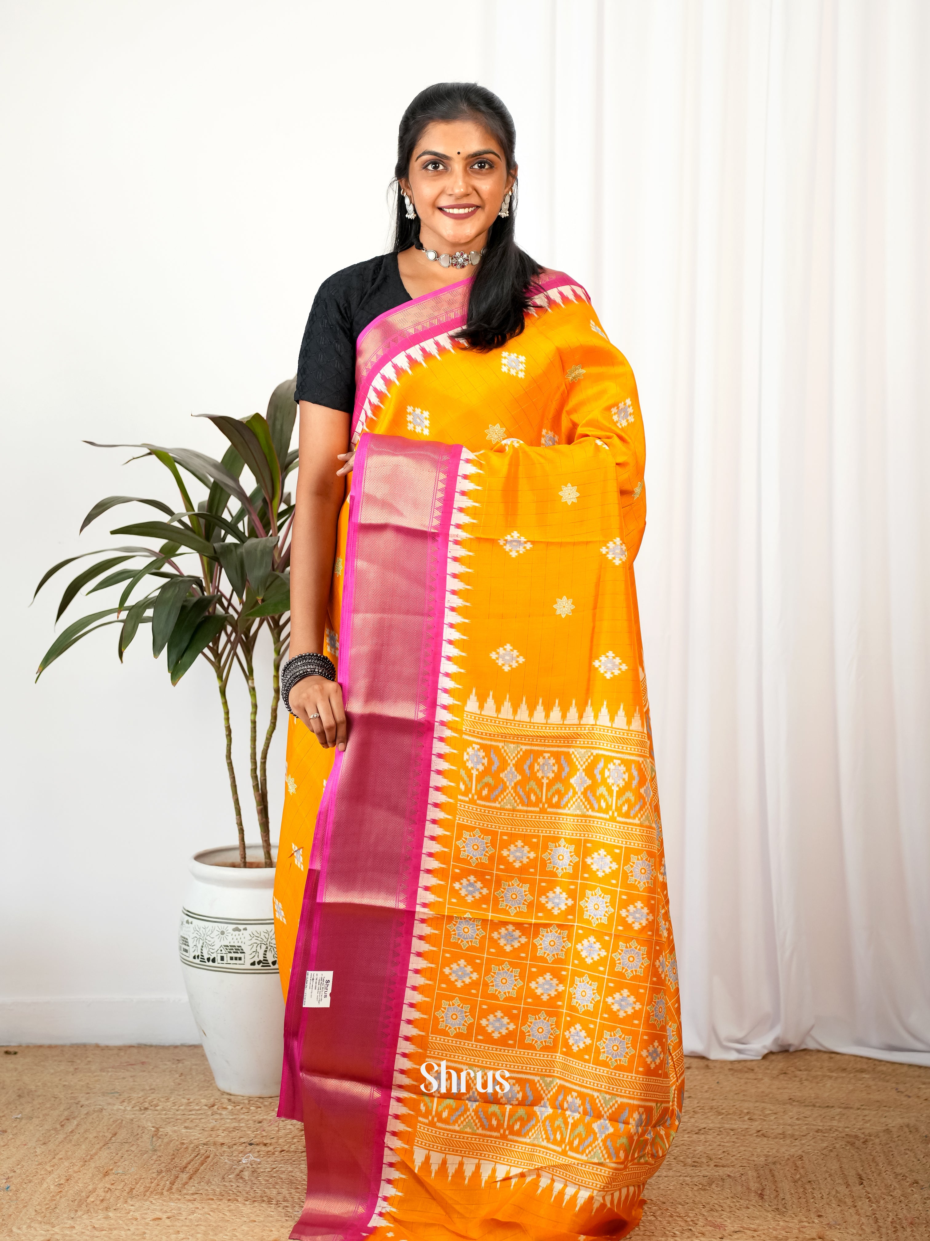 Mustard & Pink - Semi Crepe Saree