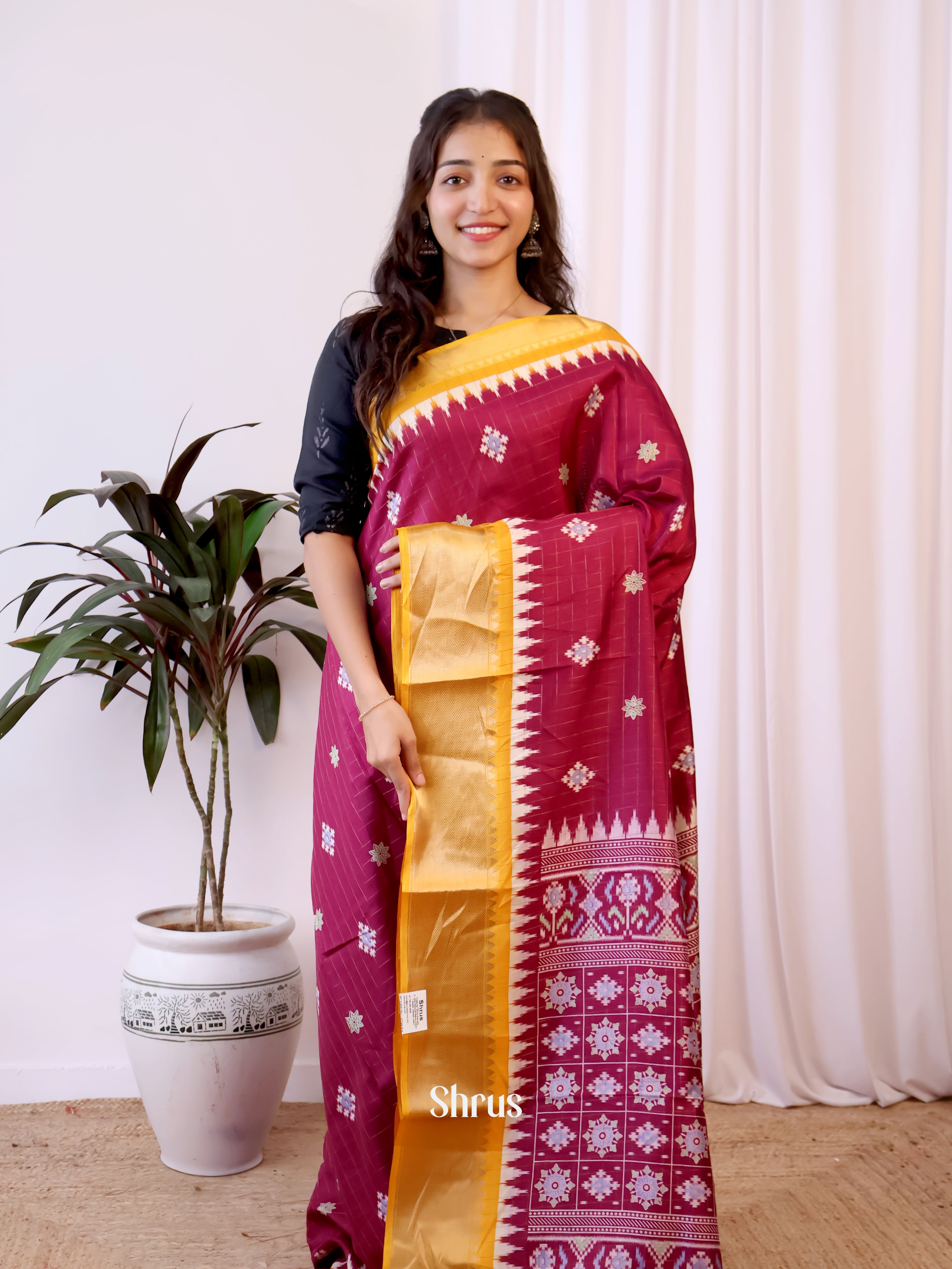 Maroon & Mustard - Semi Crepe Saree