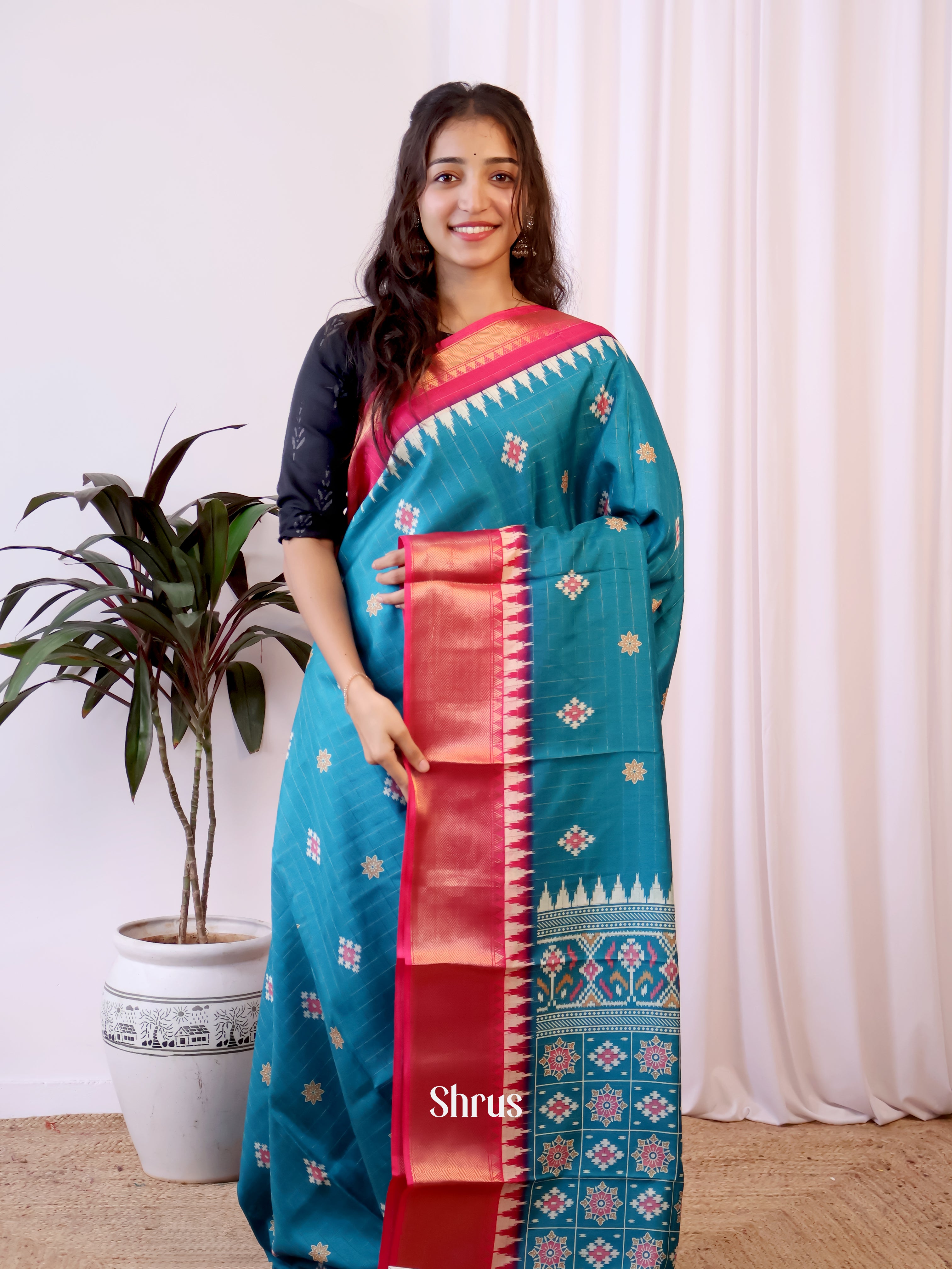 Blue & Red- Semi Crepe Saree