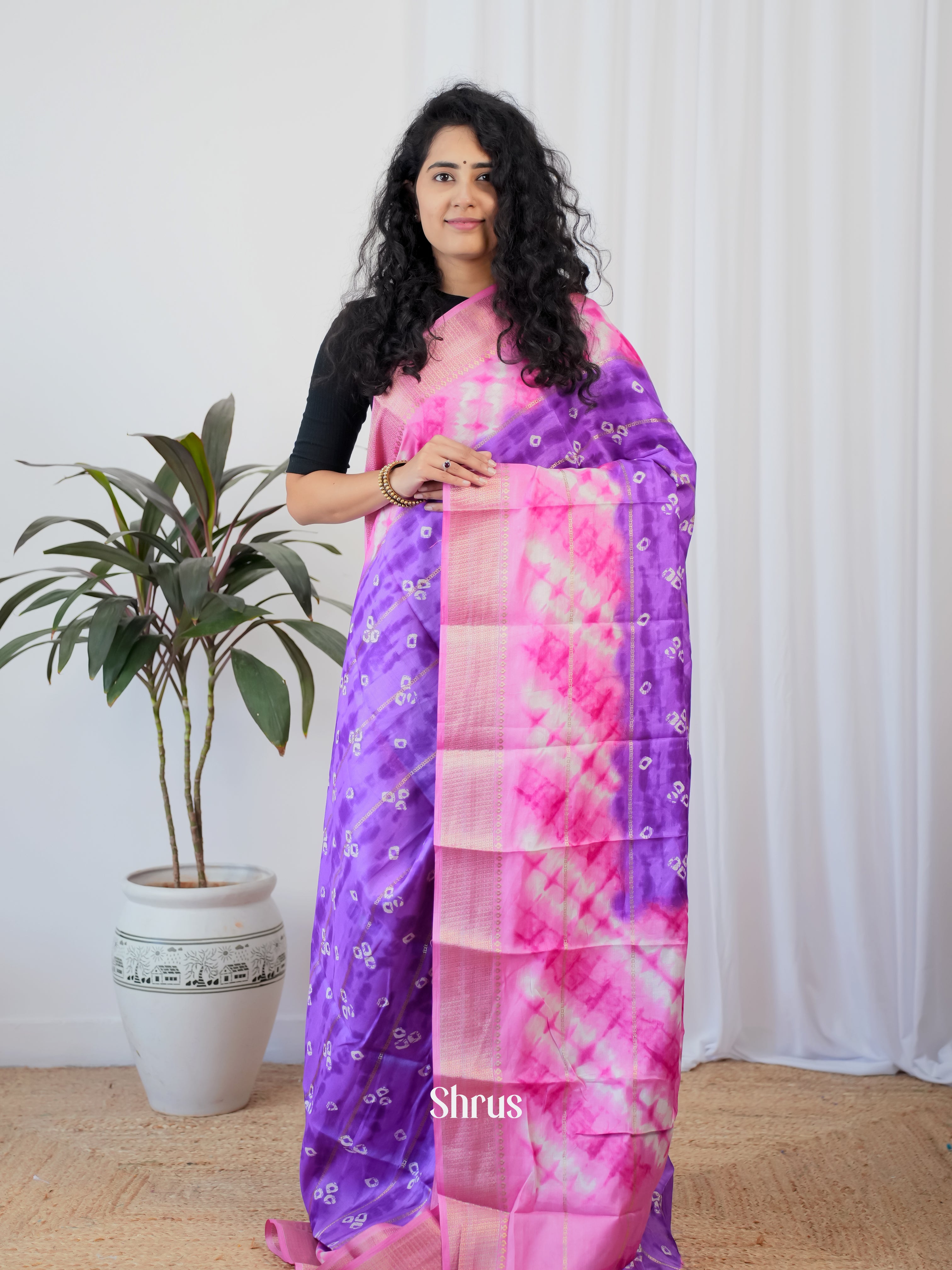 Purple & Pink - Semi Crepe Saree