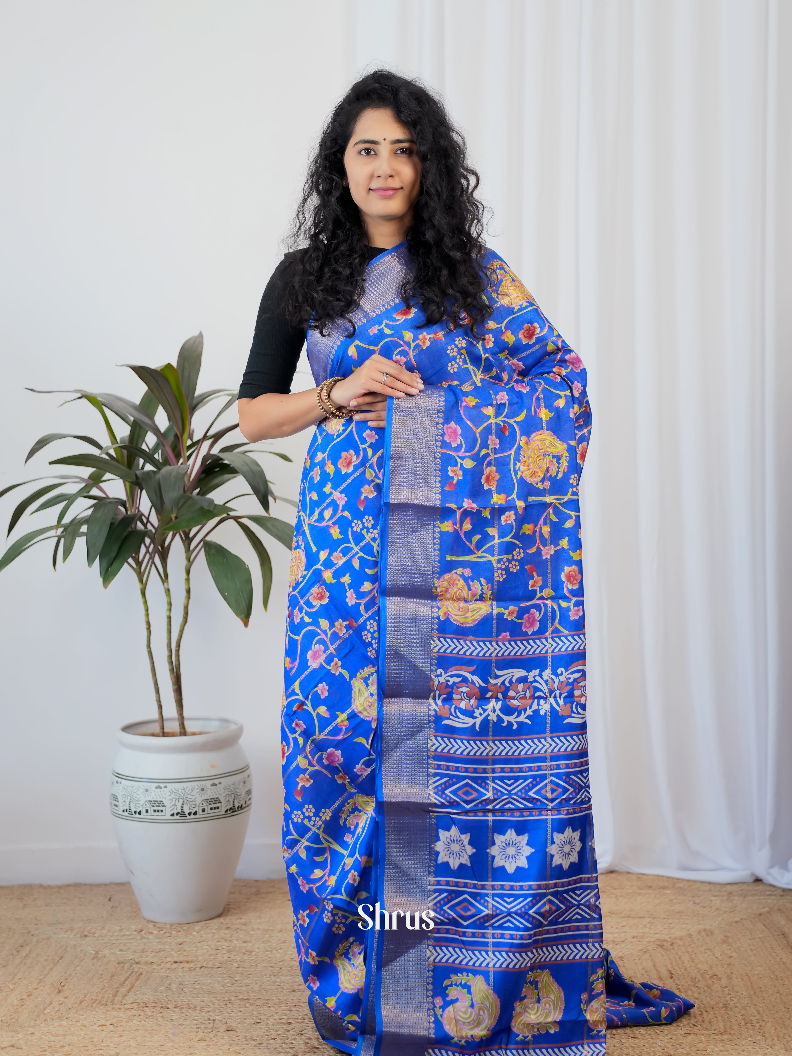 Blue  - Semi Crepe Saree