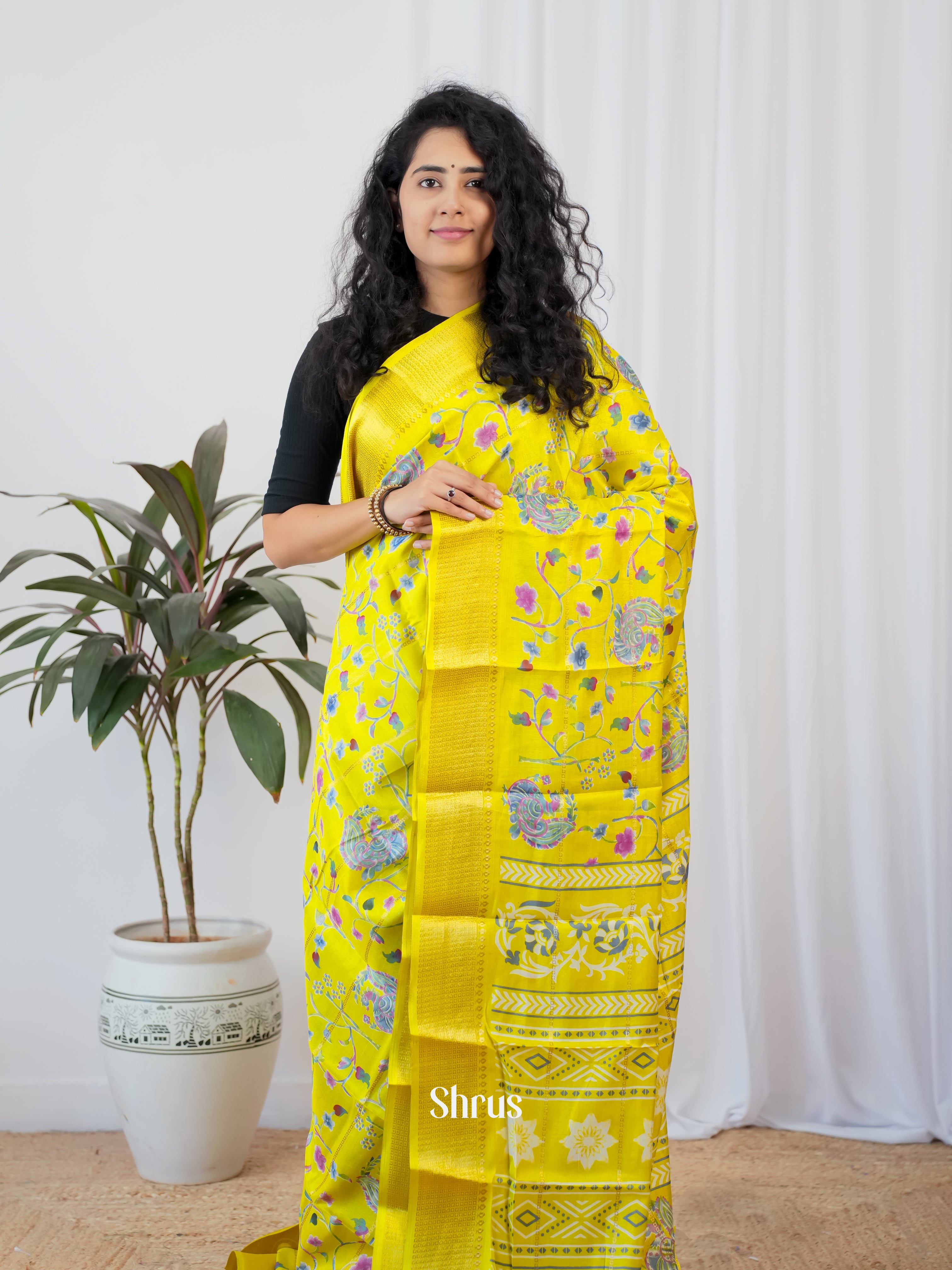 Yellow - Semi Crepe Saree