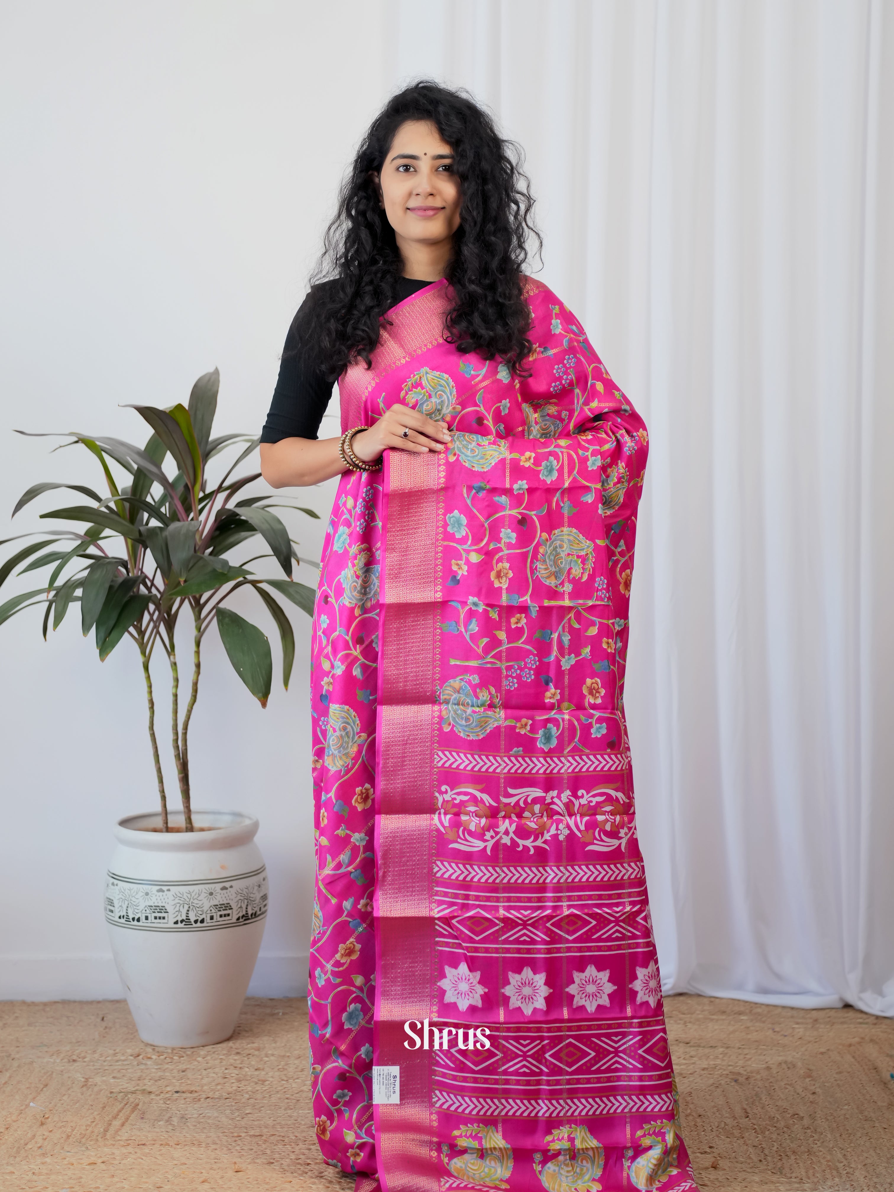 Pink - Semi Crepe Saree