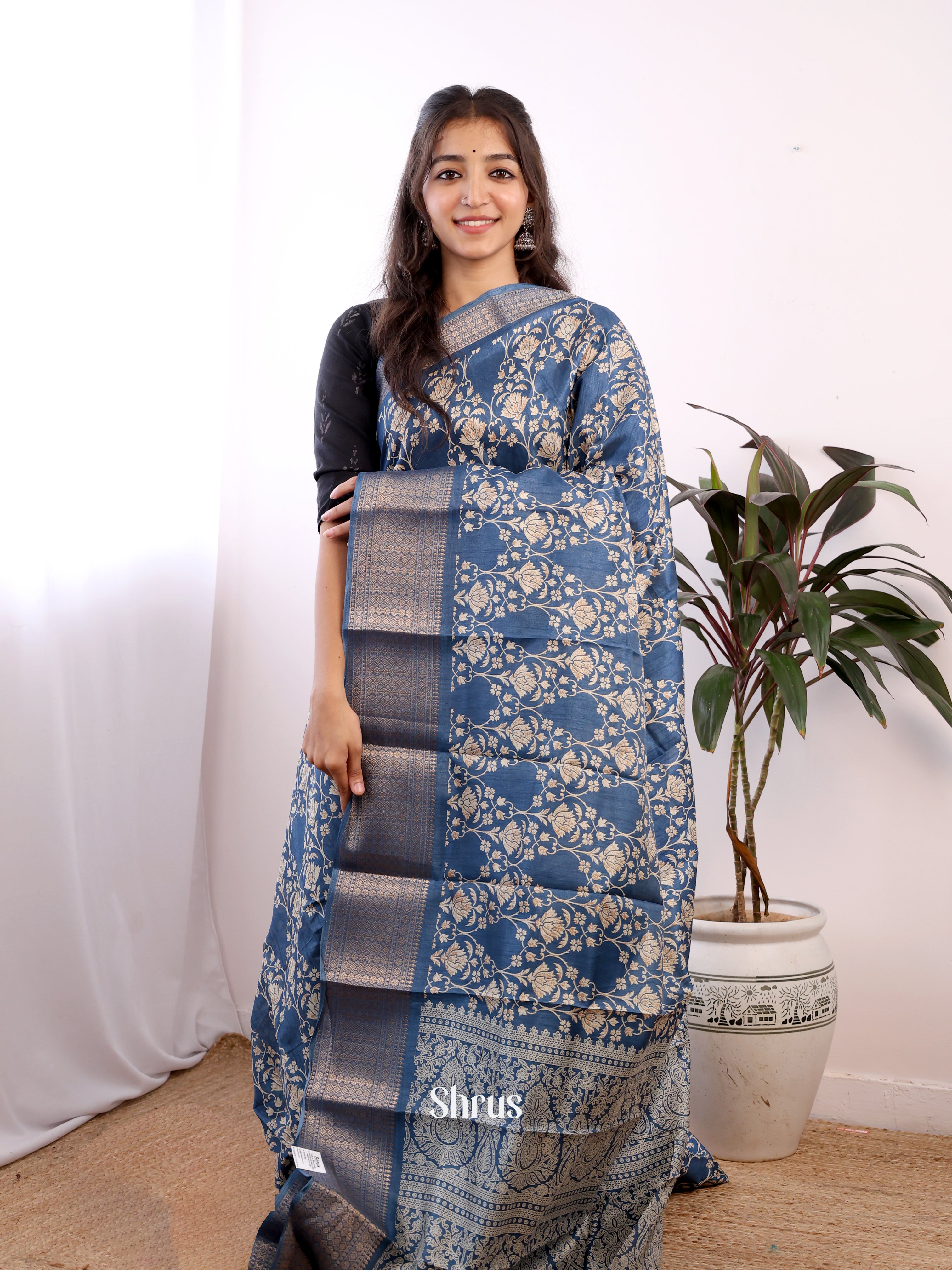 Blue - Semi Crepe Saree