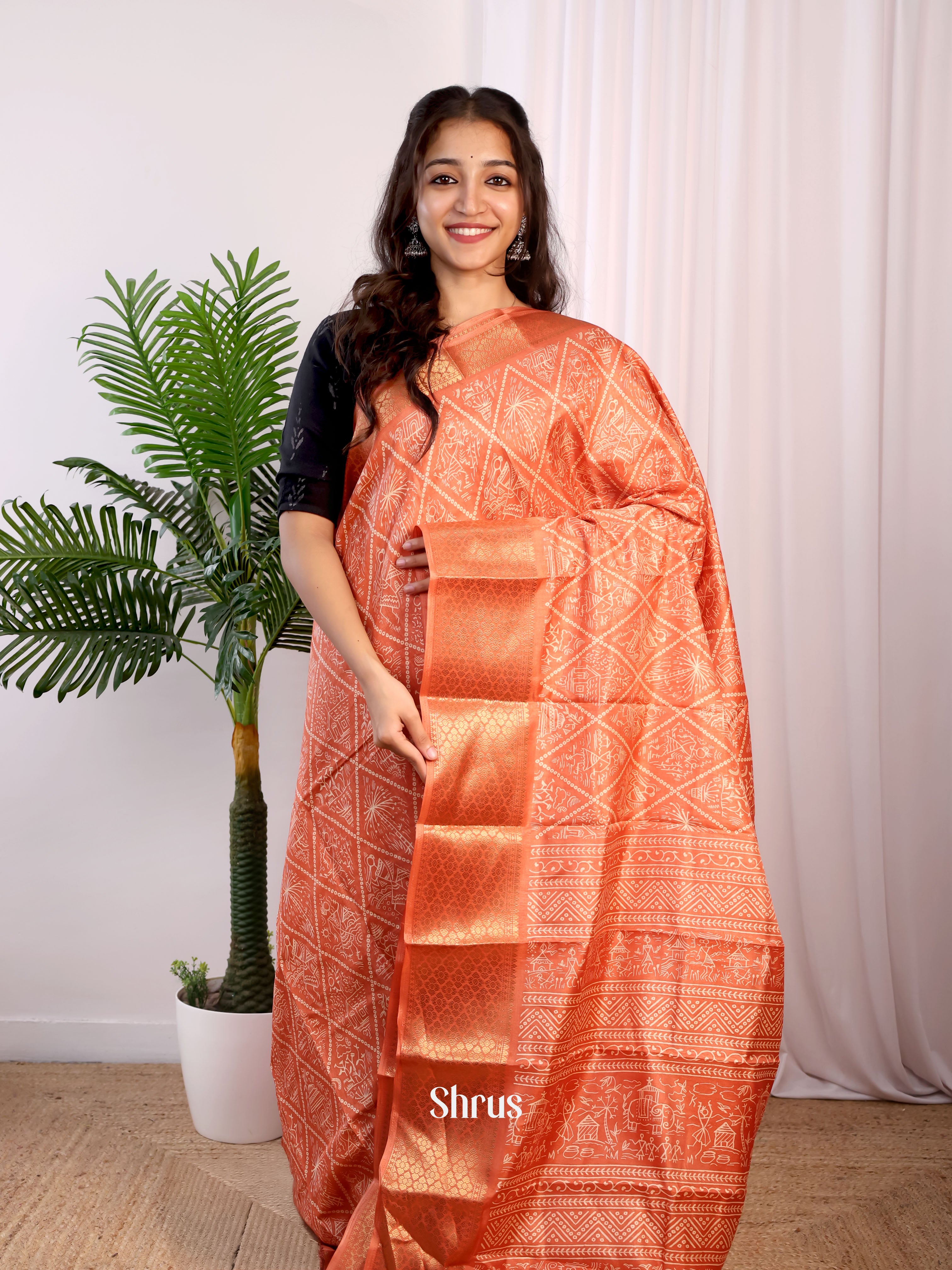Orange- Semi Crepe Saree - Shop on Shrus.com