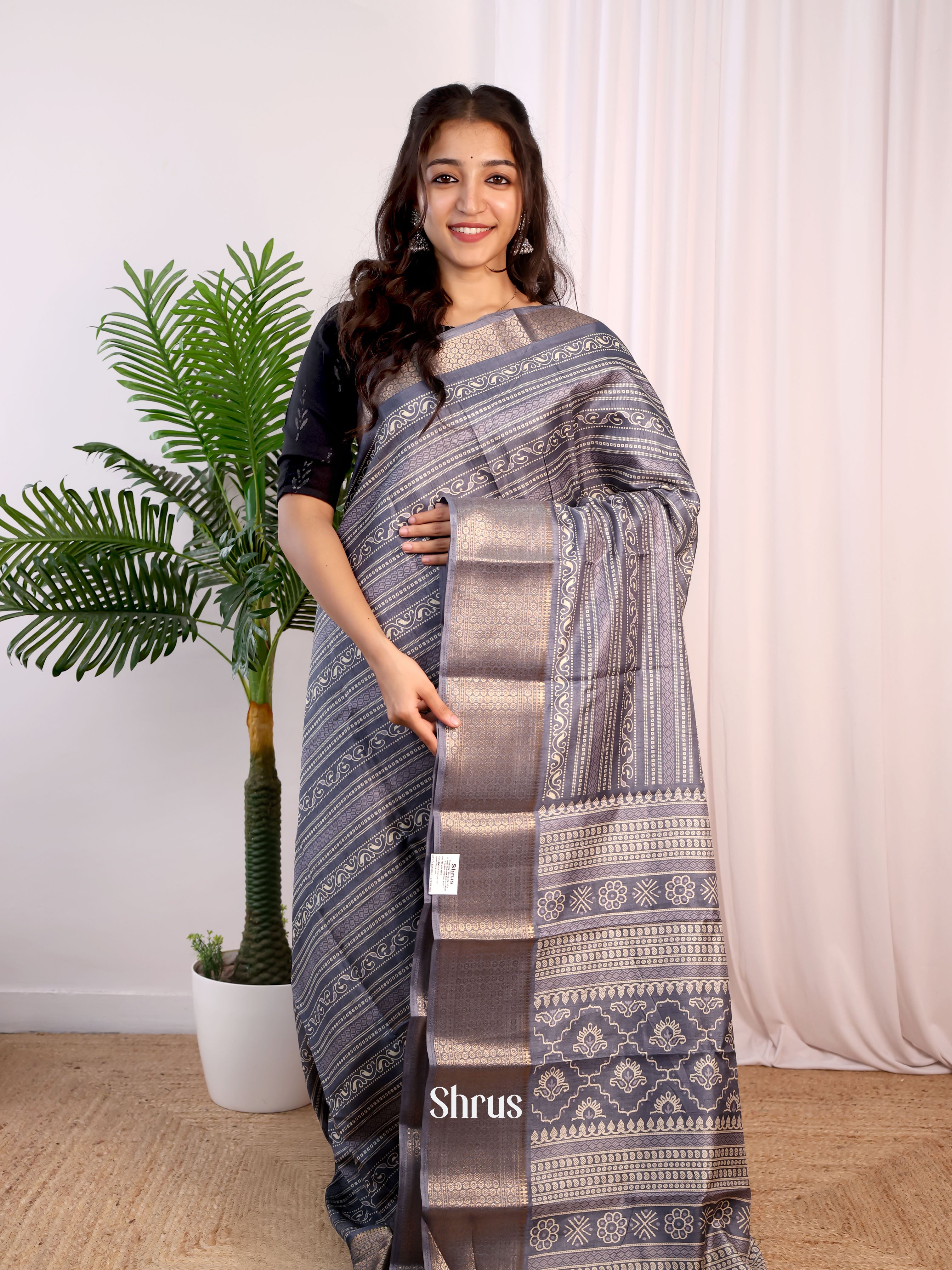 Grey - Semi Crepe Saree