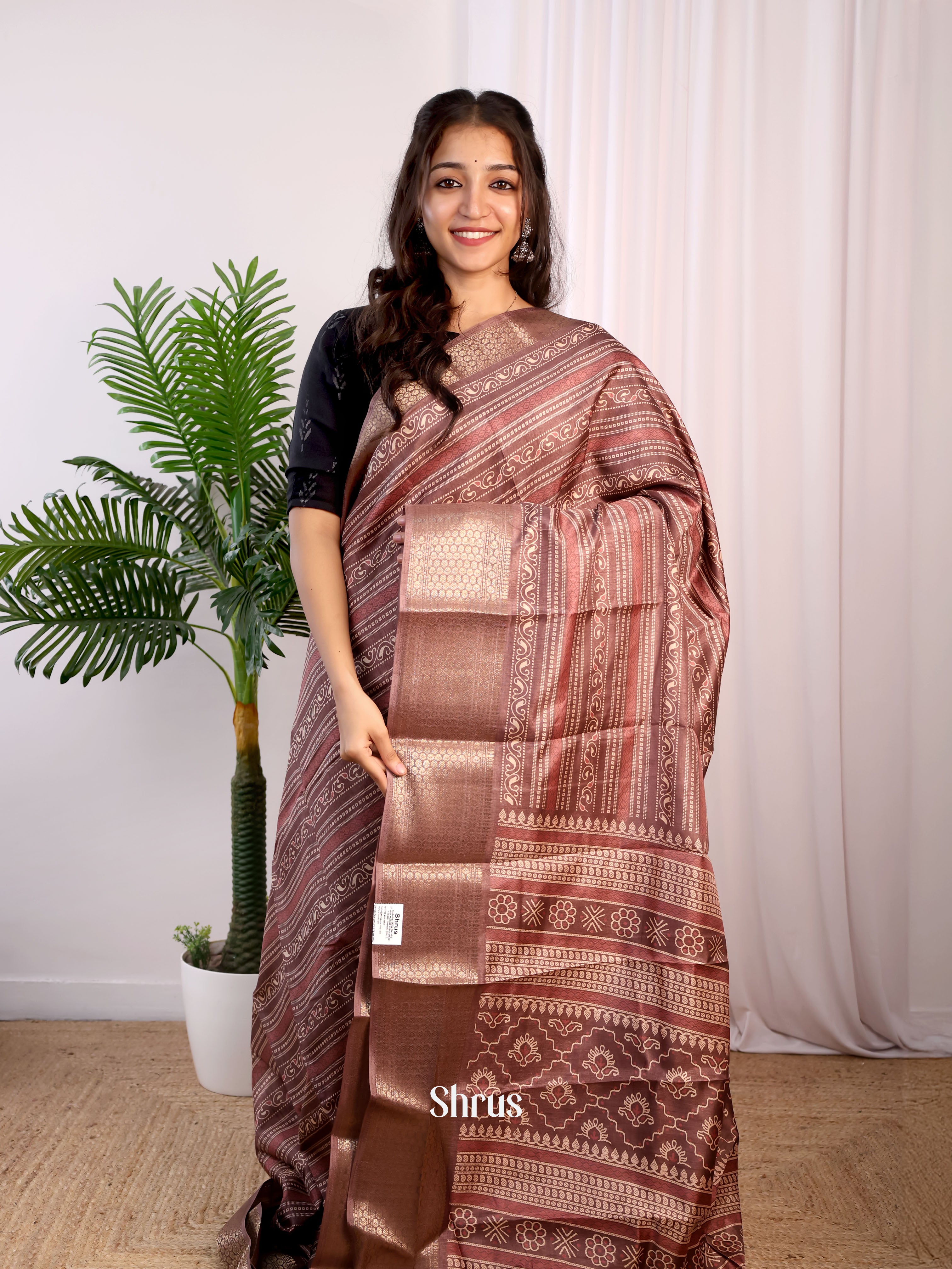 Brown- Semi Crepe Saree