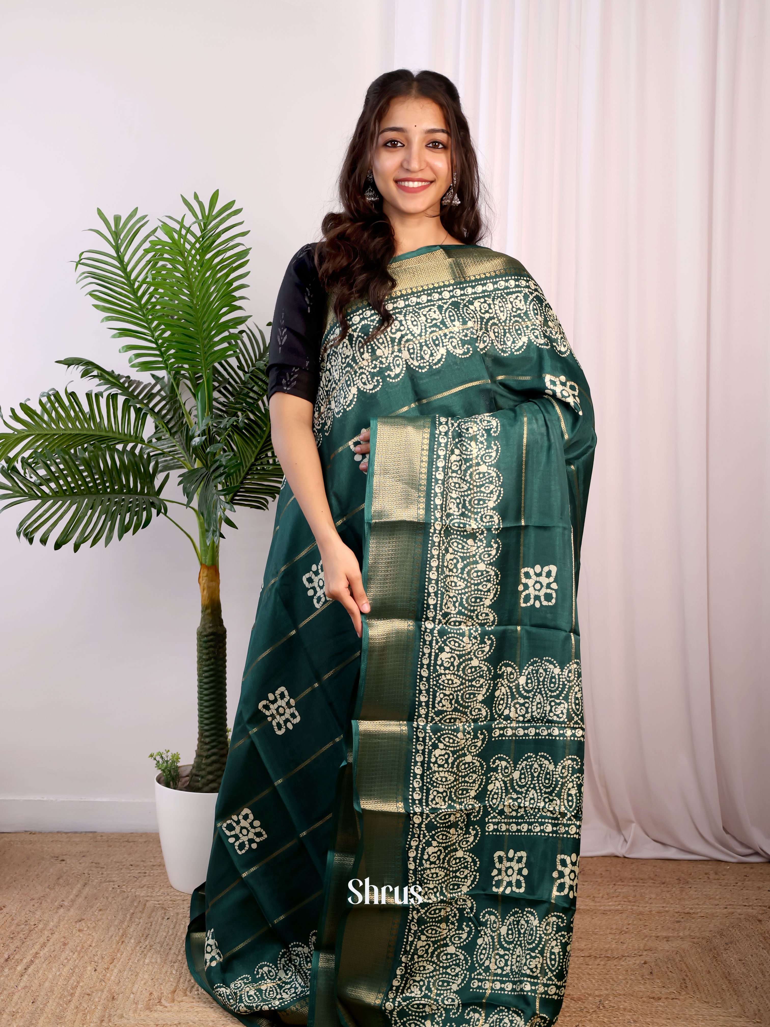 Bottle Green - Semi Crepe Saree