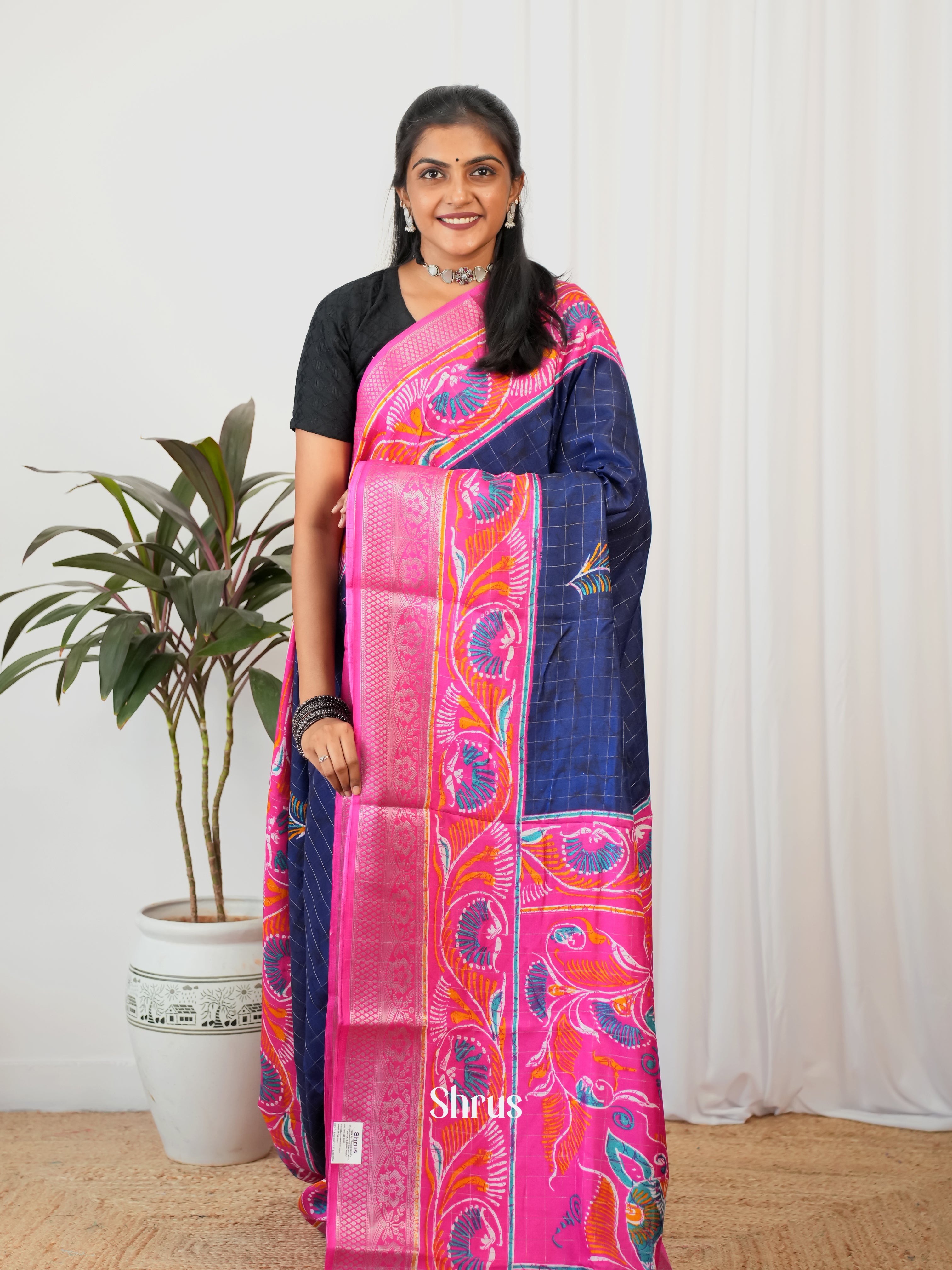 Blue & Pink - Semi Crepe Saree