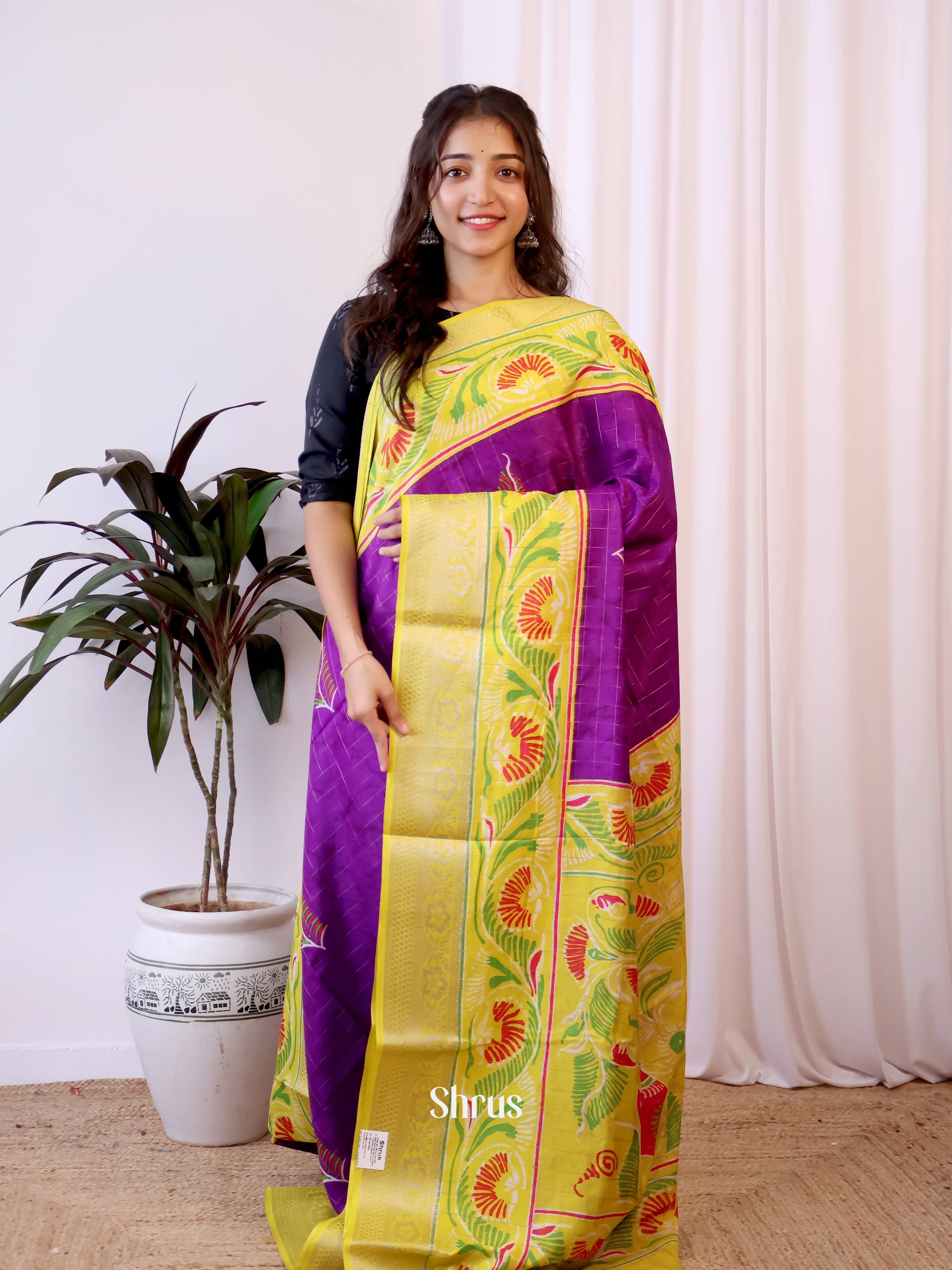 Violet & Yellow - Semi Crepe Saree