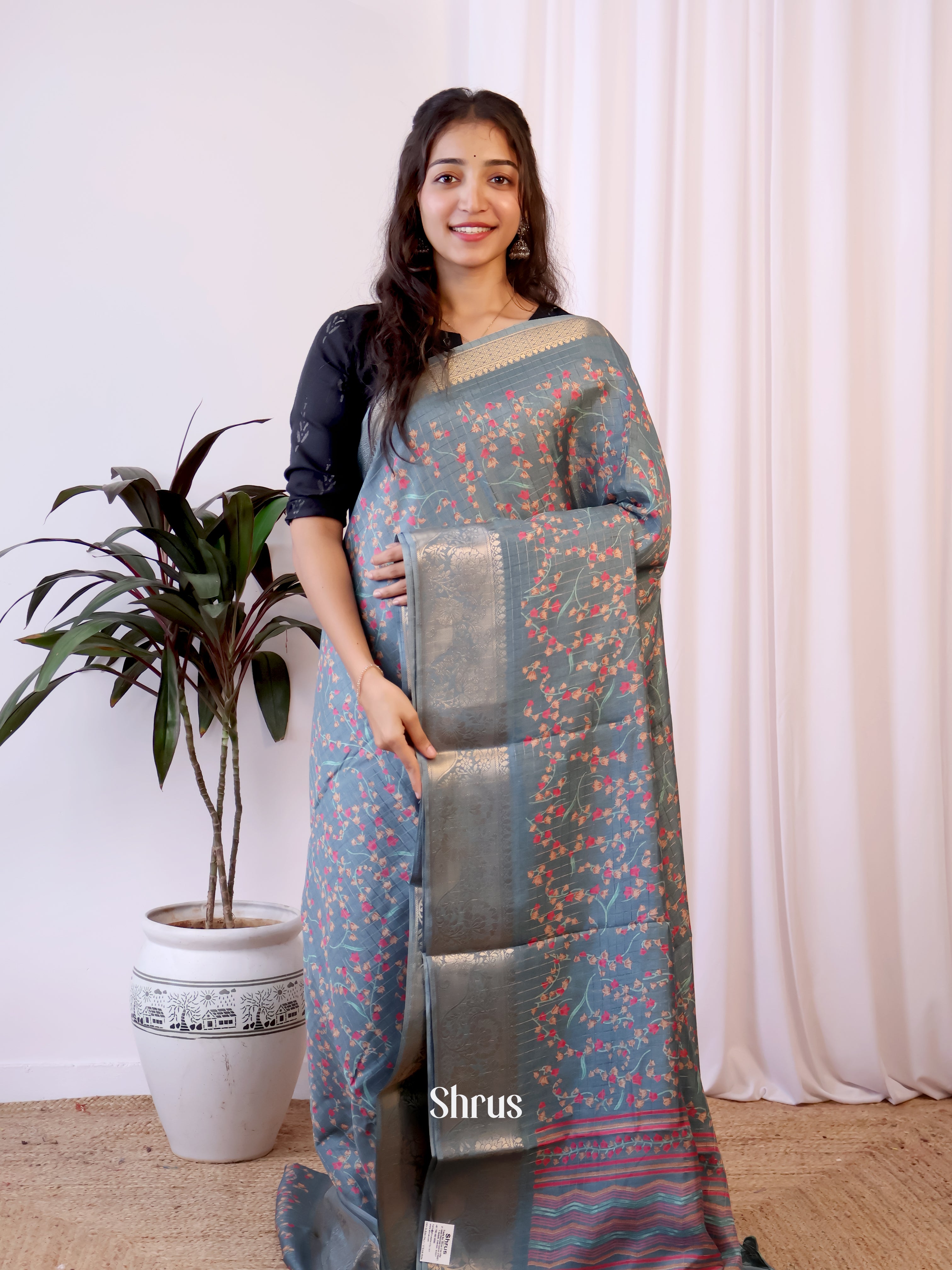 Grey - Semi Crepe Saree