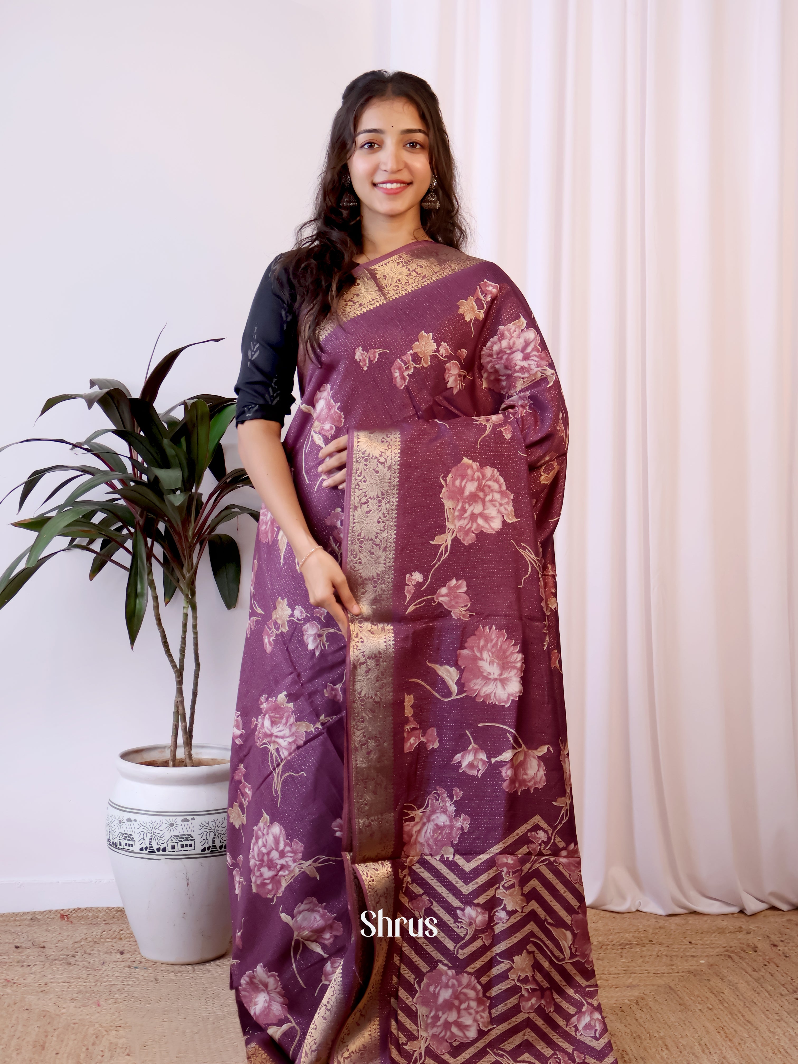 Purple - Semi Crepe Saree