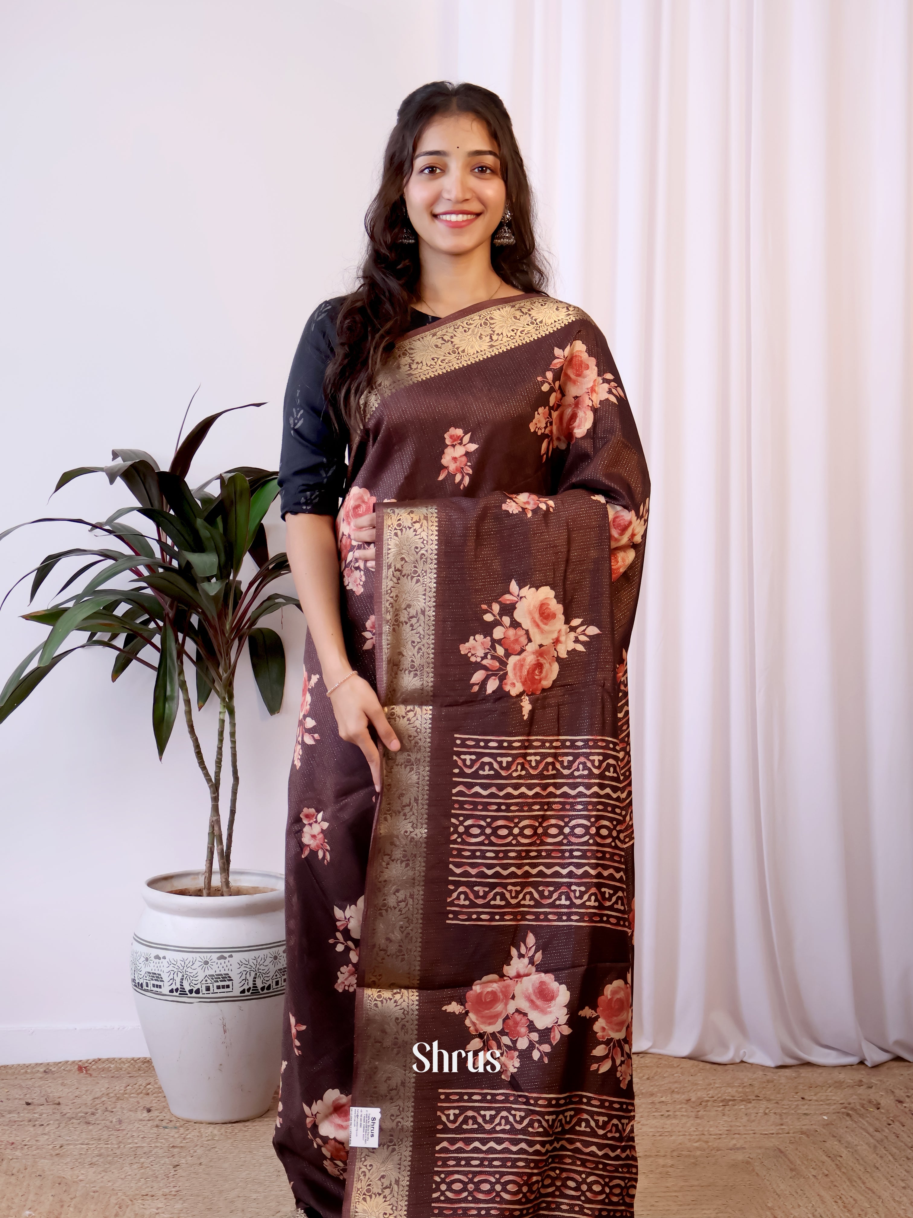 Brown - Semi Crepe Saree