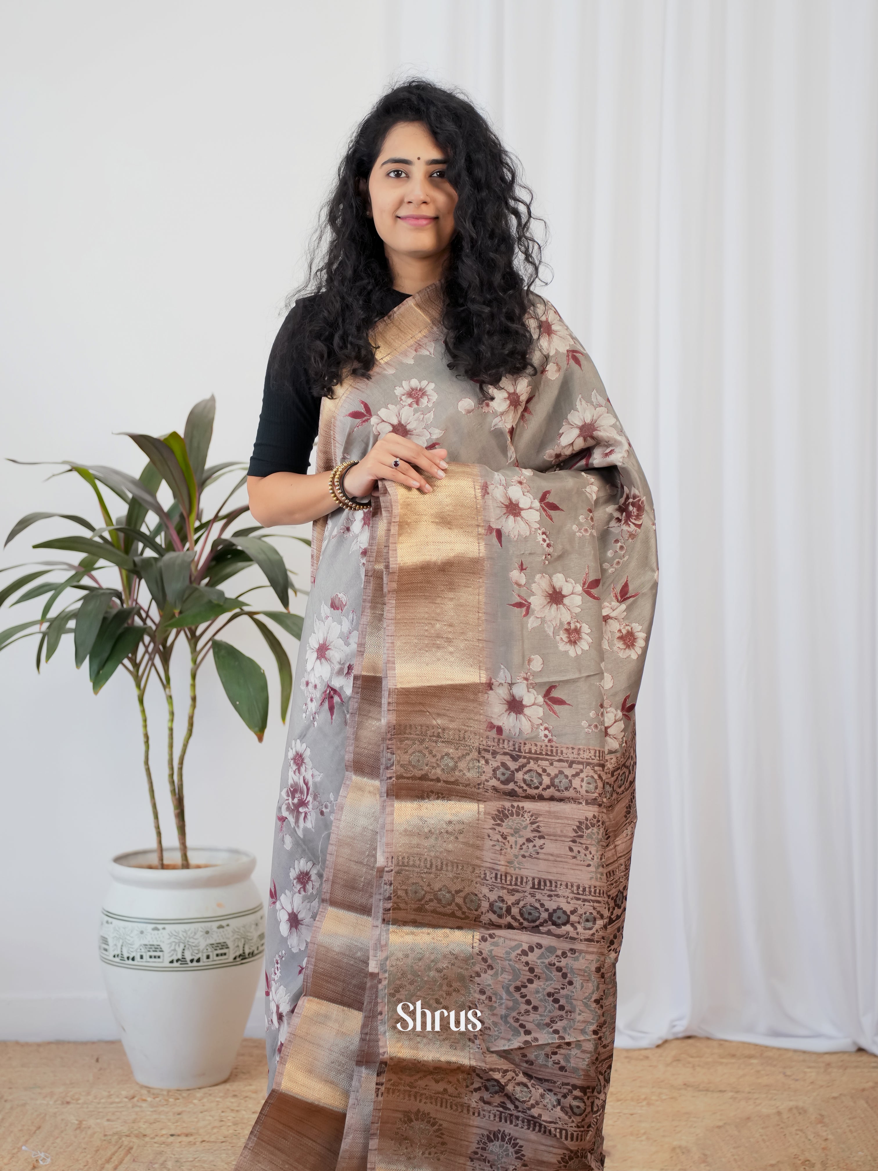 Grey  - Semi Crepe Saree